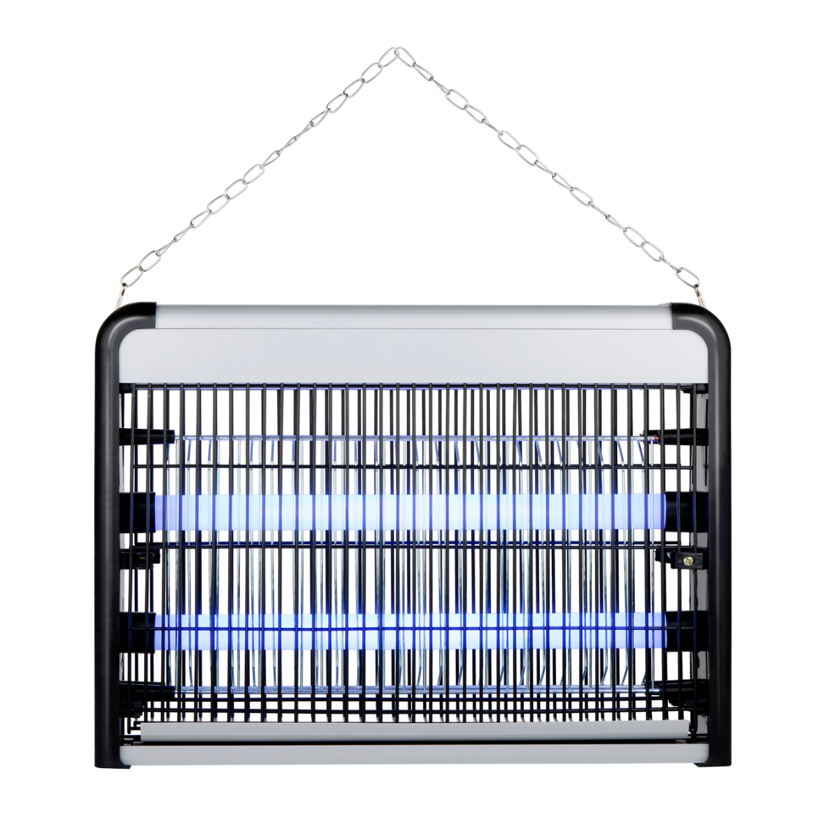 A black and silver electric bug zapper, hanging from a chain. Blue lights are visible inside.