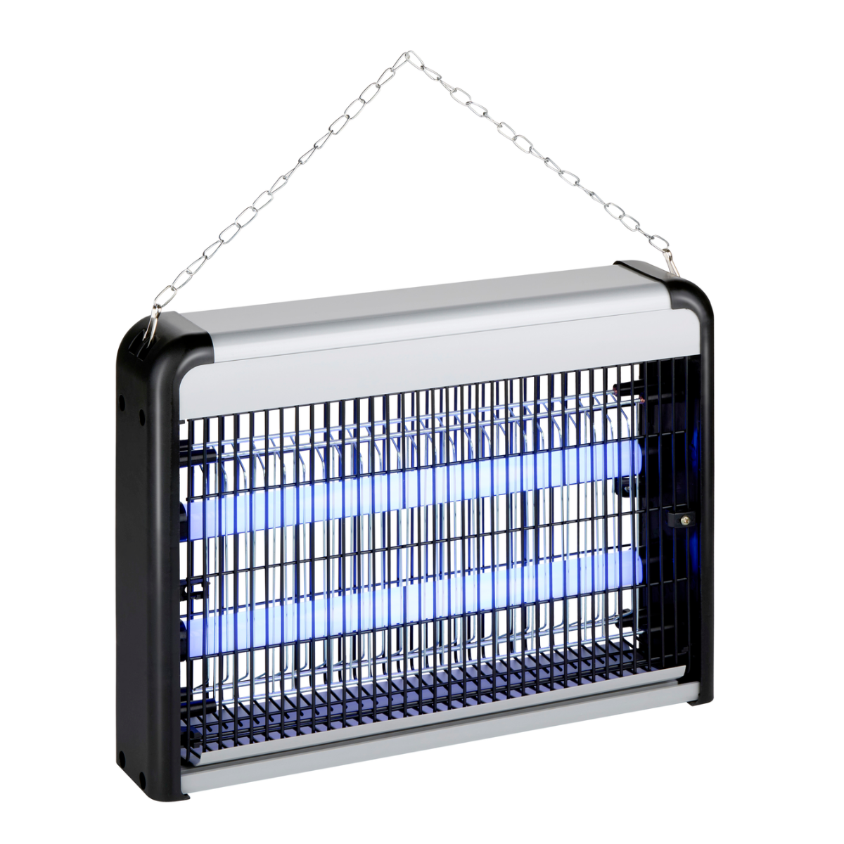 A rectangular bug zapper with blue lights inside, hanging from a chain.