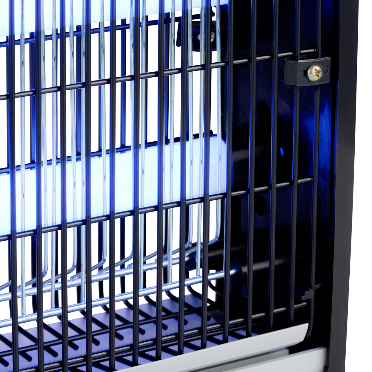 A close-up shows a black insect zapper with a blue light, featuring metal grids and a collection tray.