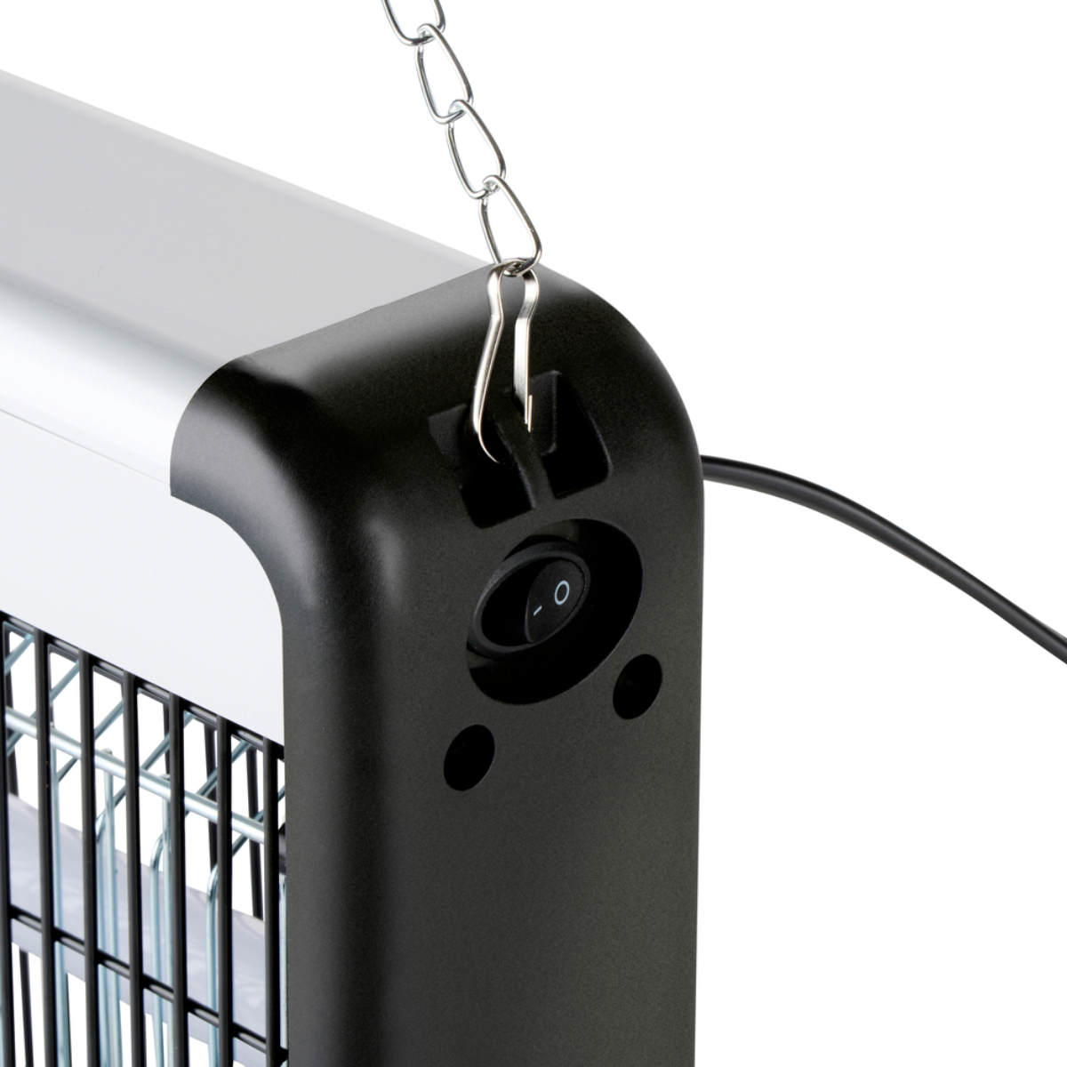 Close-up of the back of a bug zapper. Shows a power switch and a metal chain for hanging.