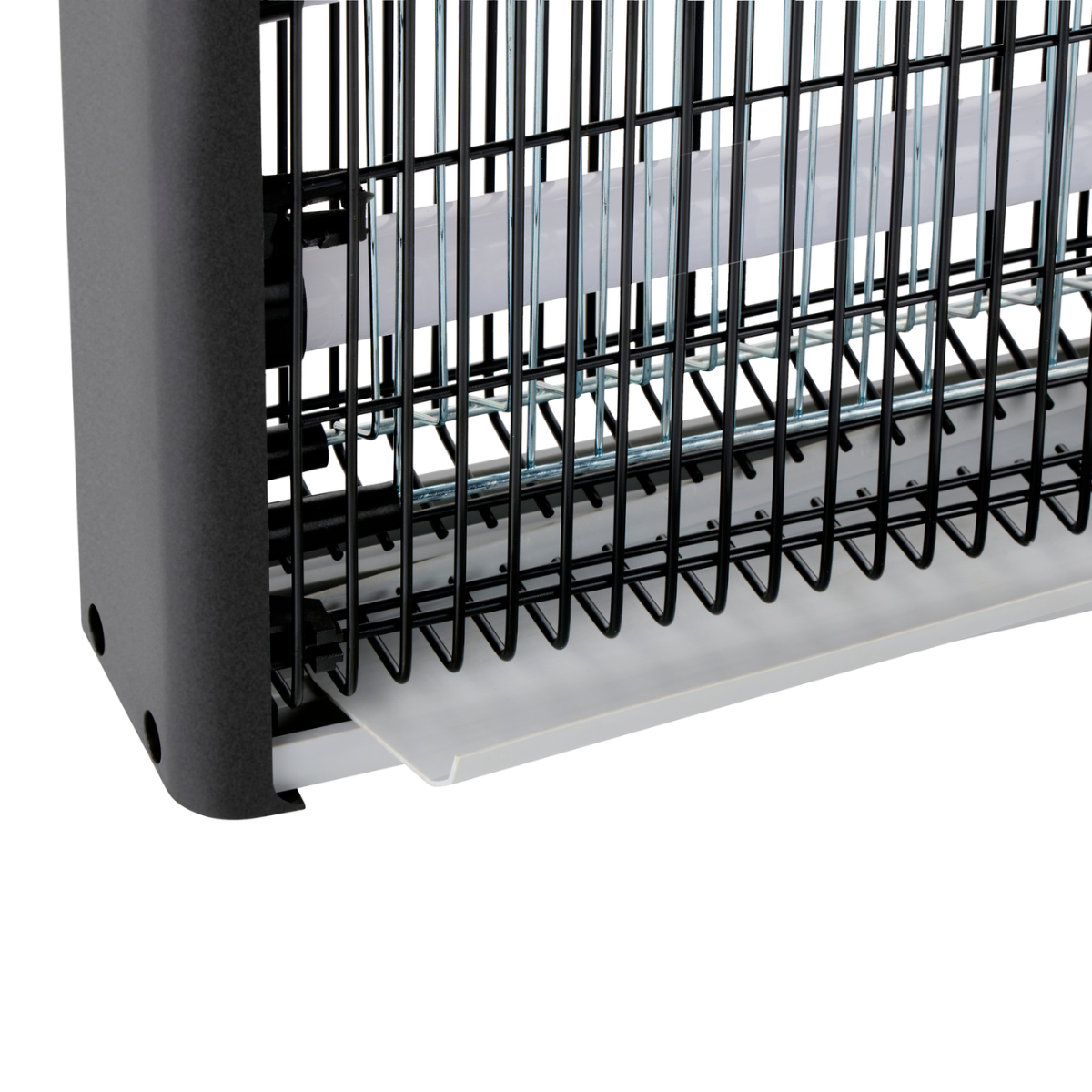 Close-up of a black insect zapper with metal grids and a white tray, showcasing its design and components.