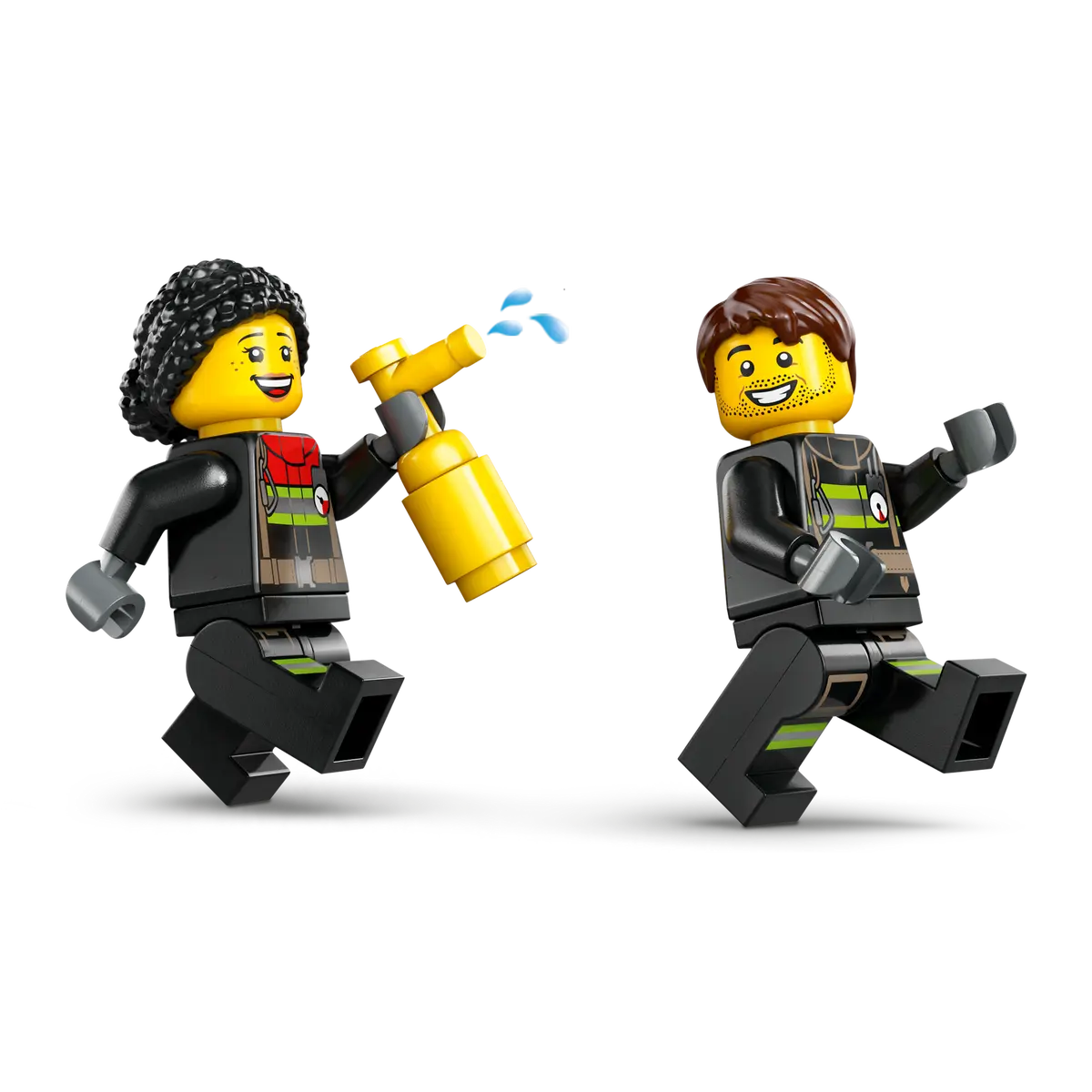 İki Lego minifigürü, bir kadın sprey şişesiyle ve bir adam, gülümsüyor ve etkileşimde bulunuyor.