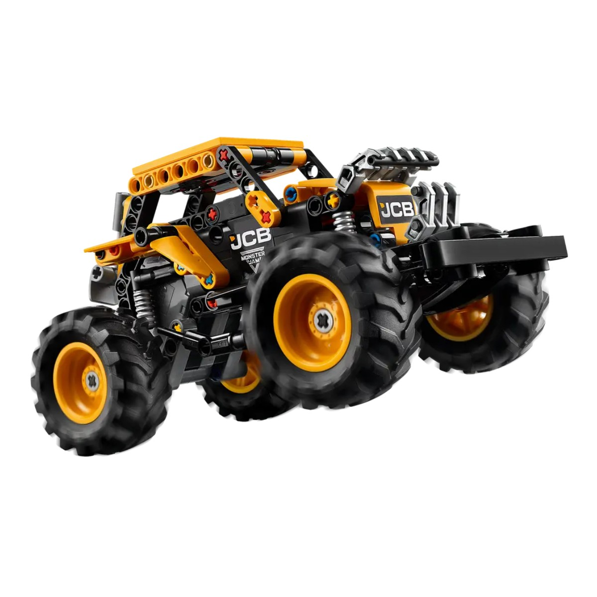 Se muestra un camión Lego amarillo y negro, mostrando su diseño.