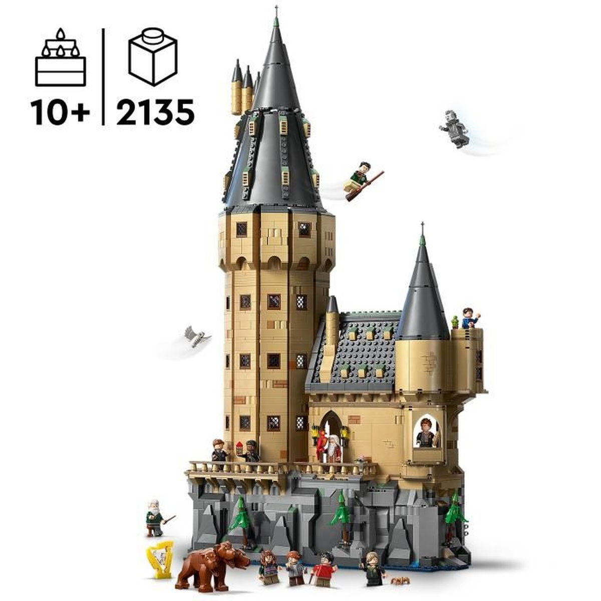 Zamek Lego Hogwartu jest pokazany, z figurkami i detalami budynku.