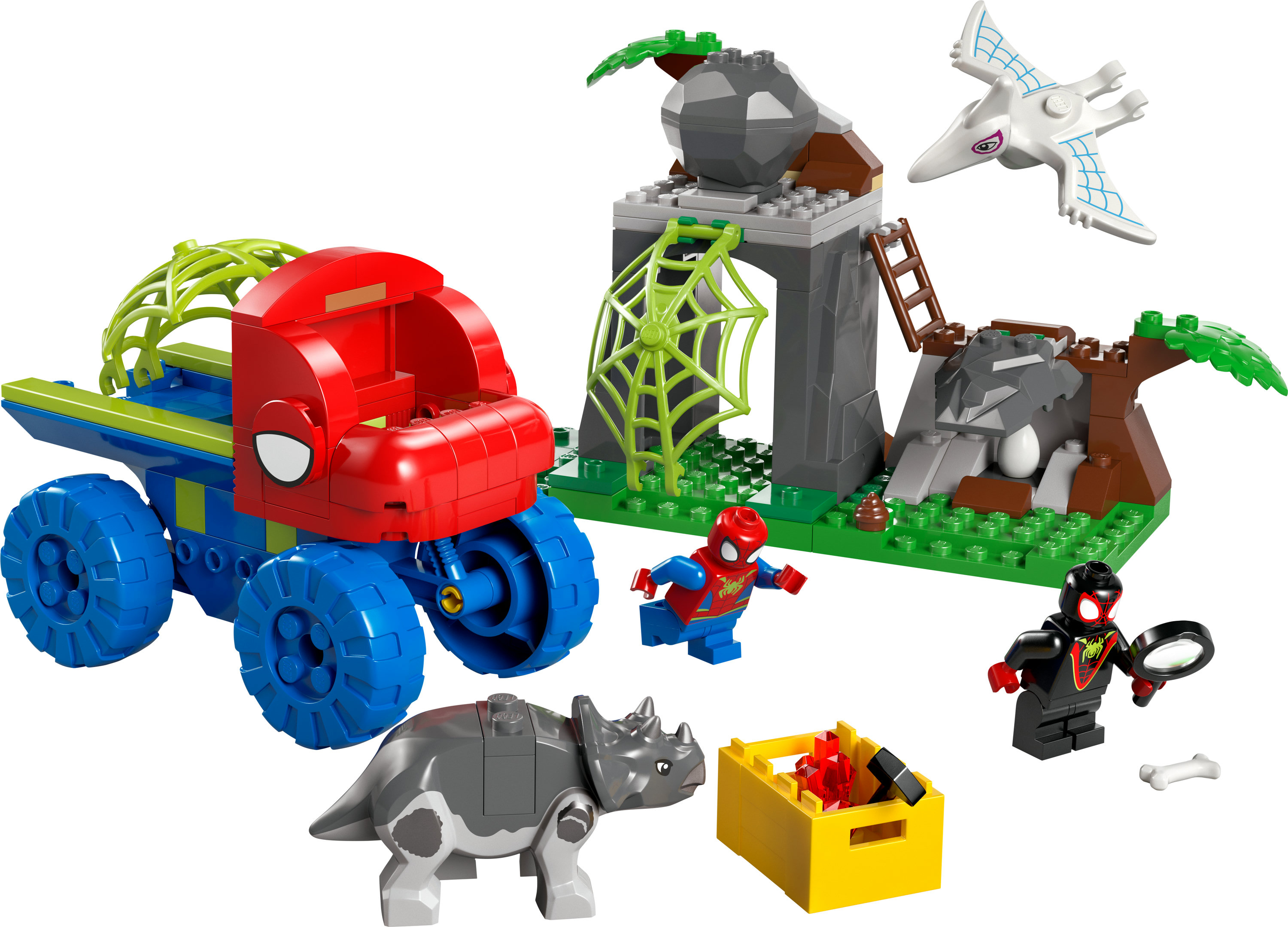 Spider-Man-Lego-Set mit einem Lastwagen, einem Dinosaurier und einer Höhle. Mehrere Lego-Figuren sind vorhanden.