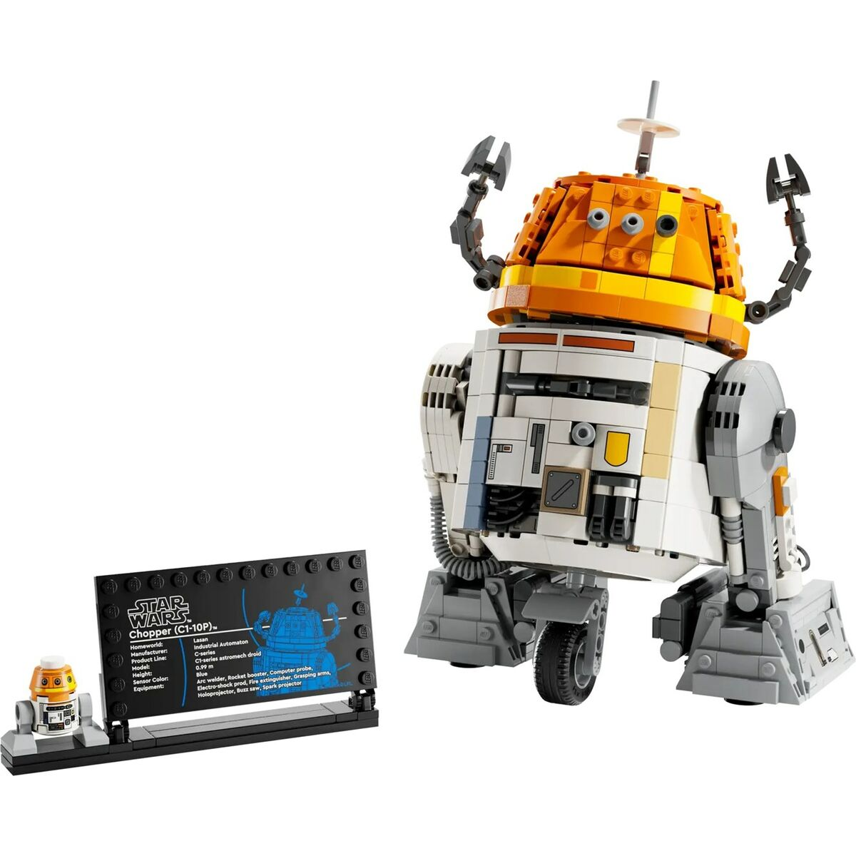 Una figura de robot Lego Star Wars con un soporte de exhibición y una figura más pequeña. El robot es naranja y blanco.