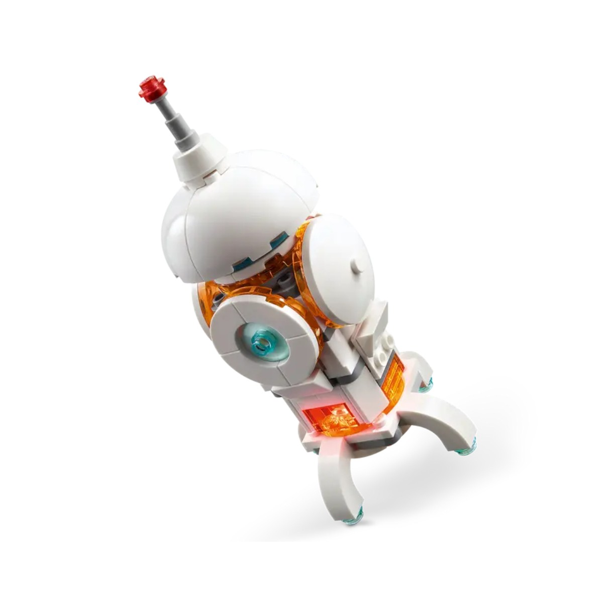Biała rakieta Lego jest wyświetlana na białym tle. Rakieta ma pomarańczowe akcenty i jest skierowana w górę.