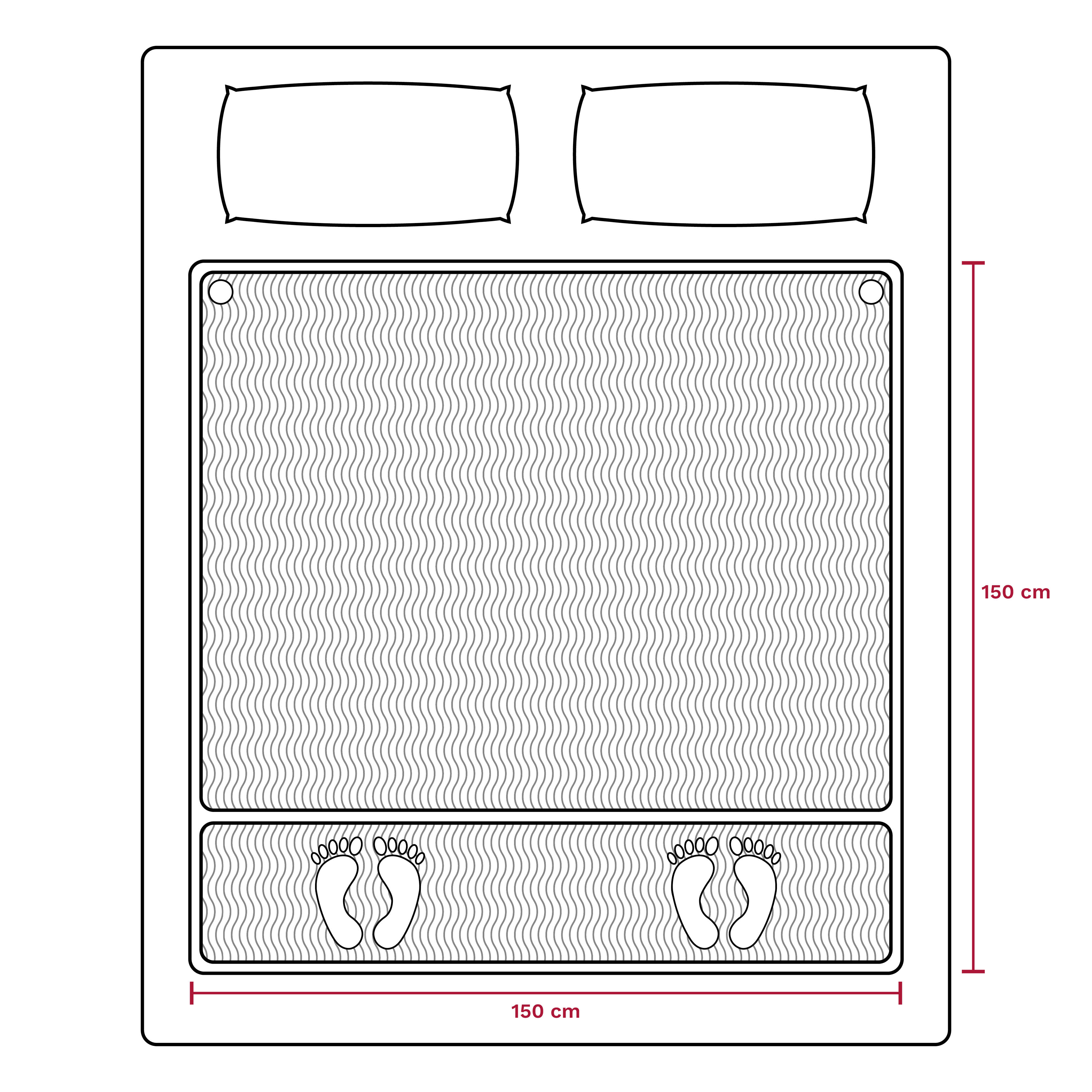 Bovenaanzicht van een bedframe met matras, kussens en voetcontouren. Afmetingen: 150cm x 150cm.