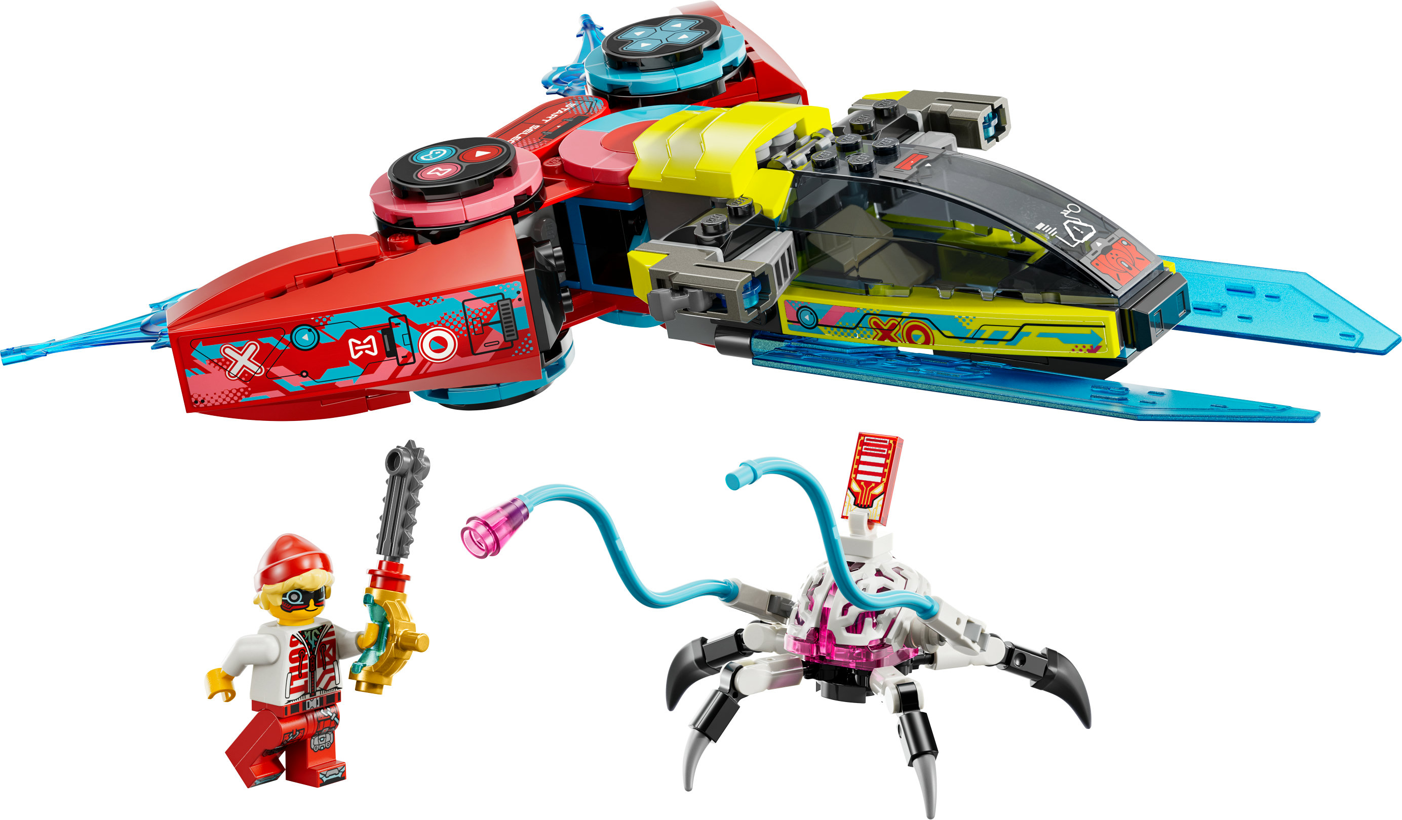Ein Lego-Raumschiff mit einem rot-blauen Design, eine Minifigur mit einem Schwert und ein spinnenartiges Wesen.