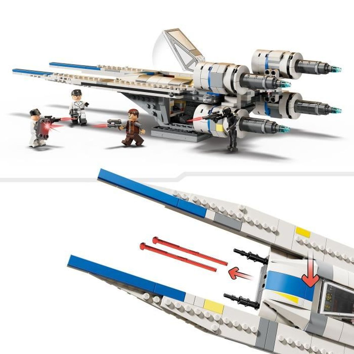 Myśliwiec X-wing Lego Star Wars. Dwie postacie celują blasterami w inne postacie.