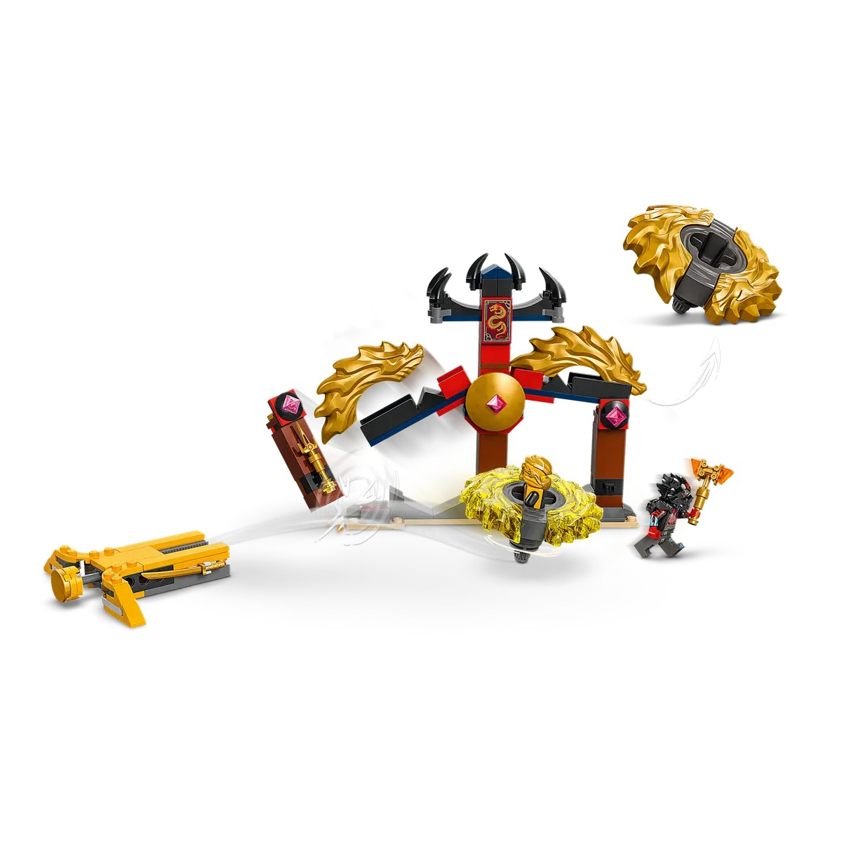 Set de Lego con estructura dorada, vehículo amarillo y minifigura con hacha.