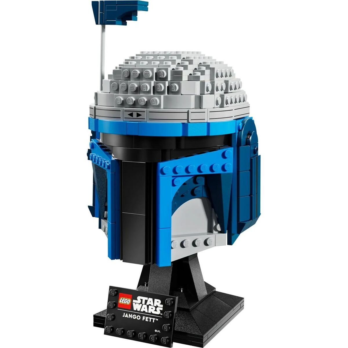 Kask Lego Star Wars Jango Fett na czarnym stojaku, na białym tle.