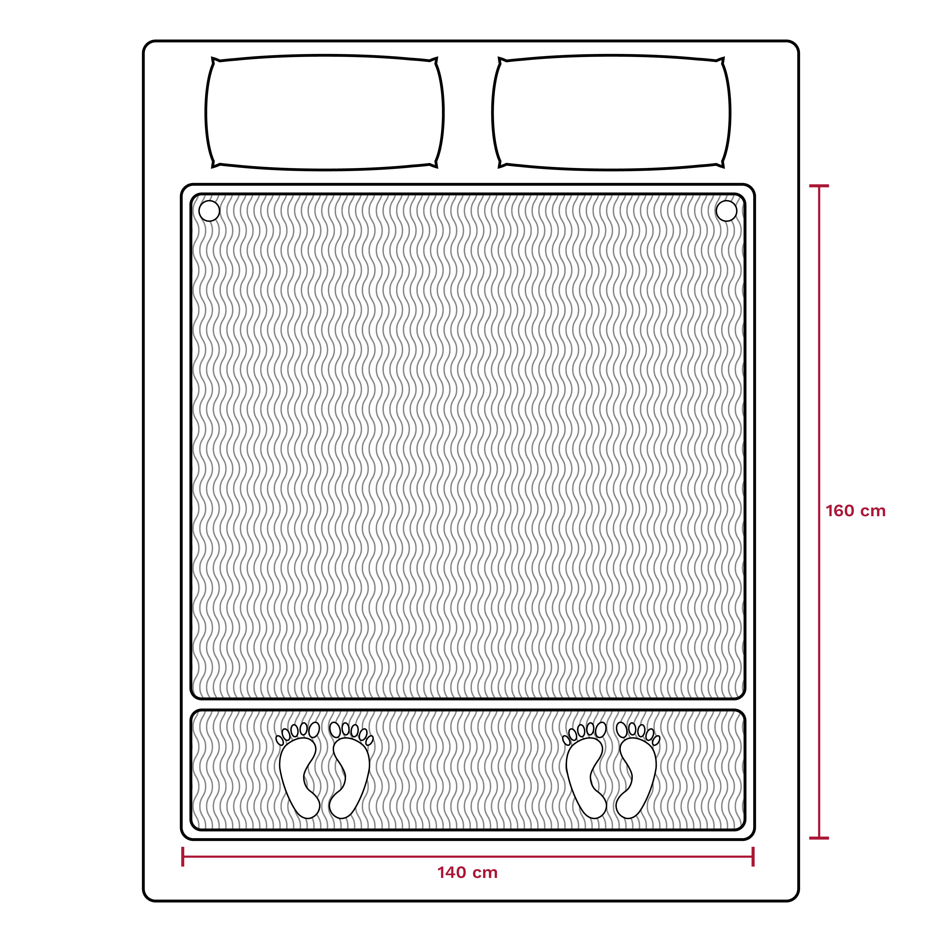 A top-down view of a bed with two pillows, a mattress, and a foot area with footprints. It has dimensions.