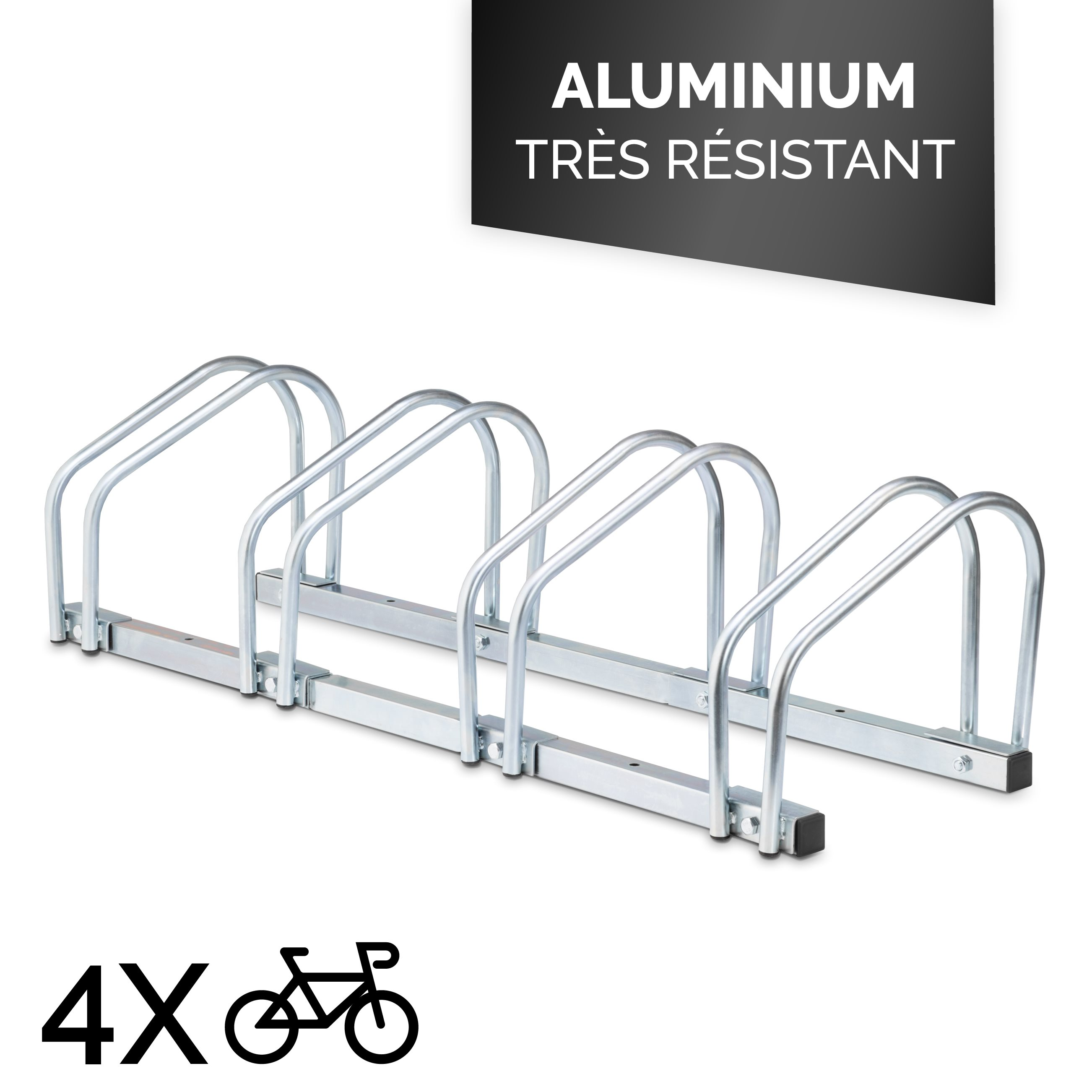 Een zilveren fietsenrek met vier sleuven, een zwart banner met 'ALUMINIUM TRÈS RÉSISTANT' en een fietssymbool met '4X'.