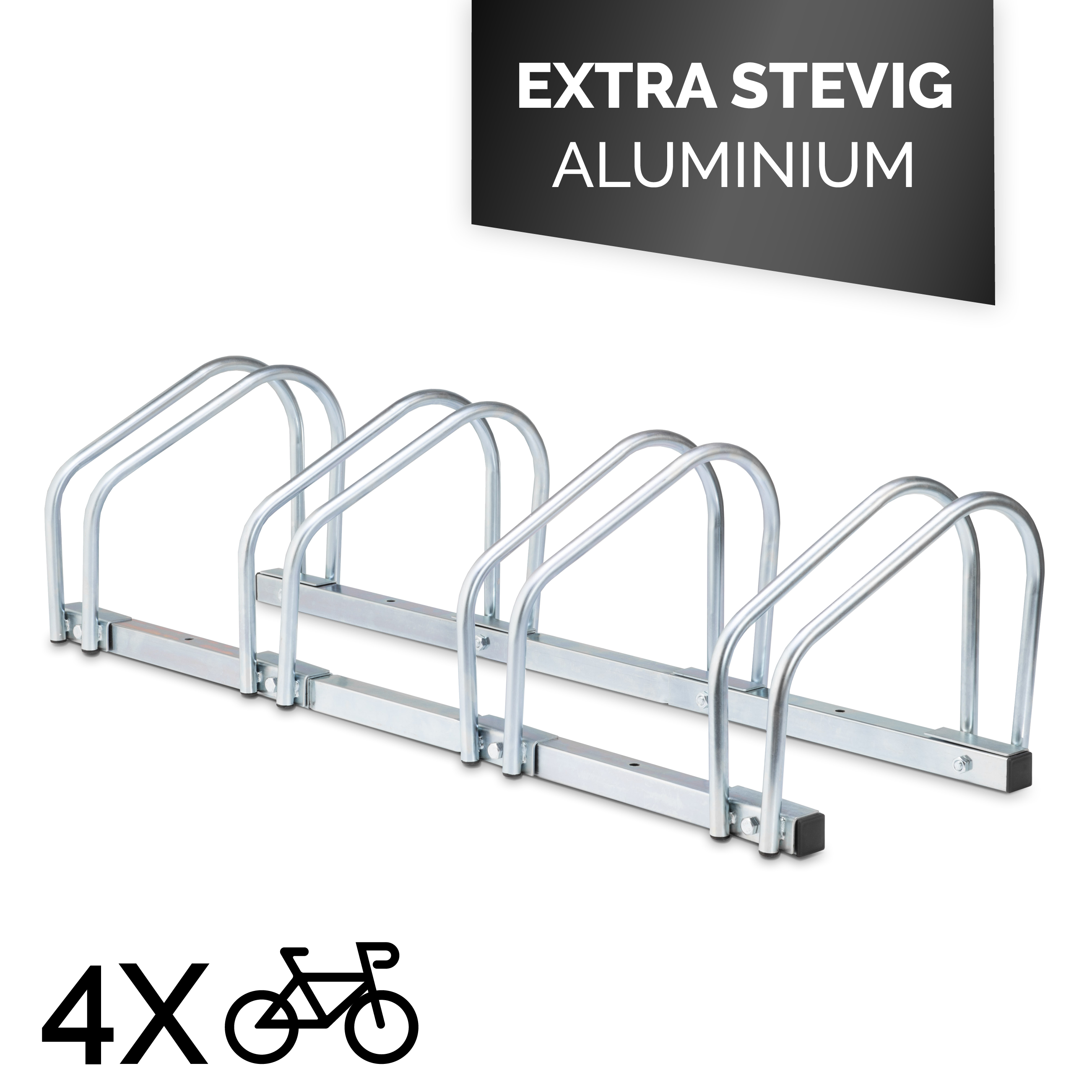 Een zilveren fietsenrek met vier sleuven, een zwart banner met 'EXTRA STEVIG ALUMINIUM' en een fietssymbool met '4X'.