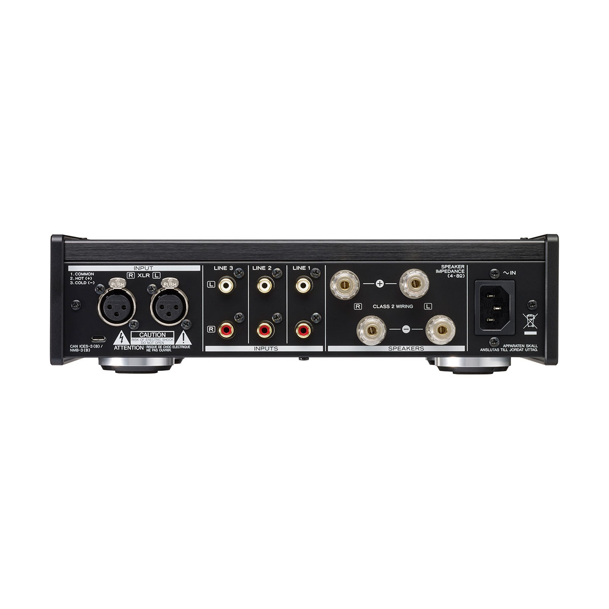Rückseite eines schwarzen Audio-Receivers mit beschrifteten Ein- und Ausgängen.