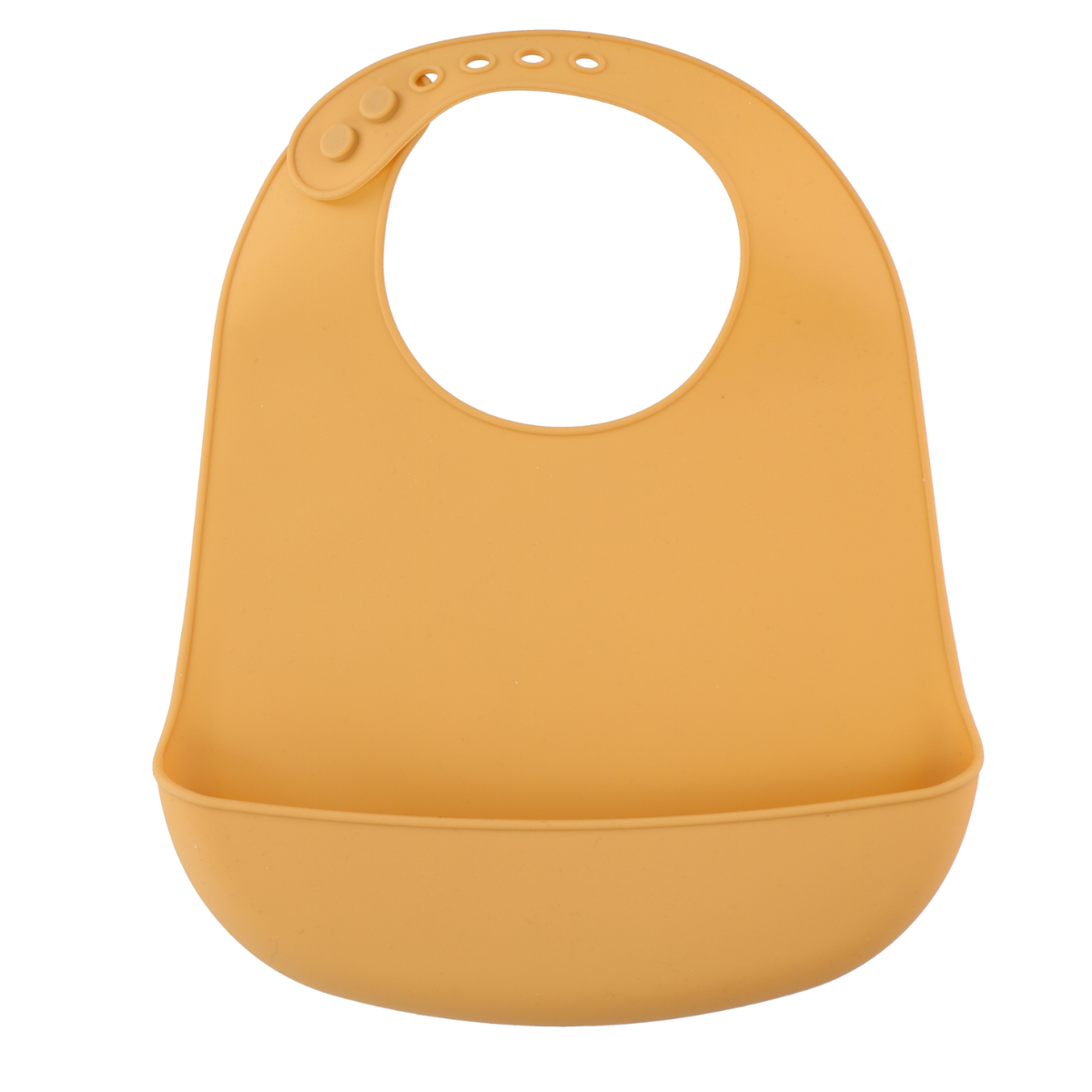 Mustard-colored baby bib with a pocket, isolated on a white background.