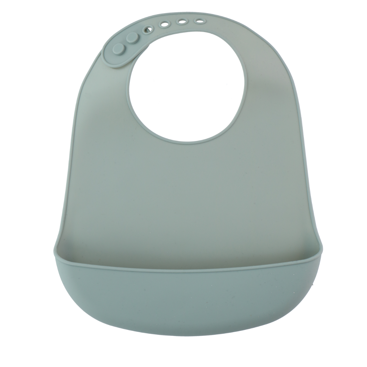 Grey baby bib with a pocket, isolated on a white background.