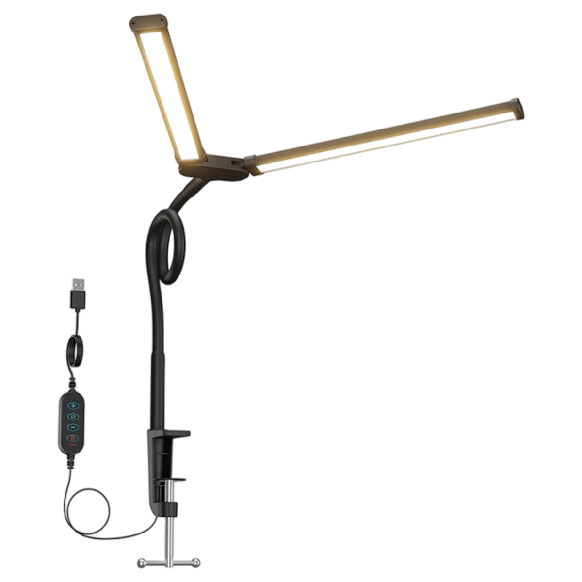 Lampada da scrivania nera con due pannelli luminosi, un cavo USB e una base a morsetto. La lampada è accesa.