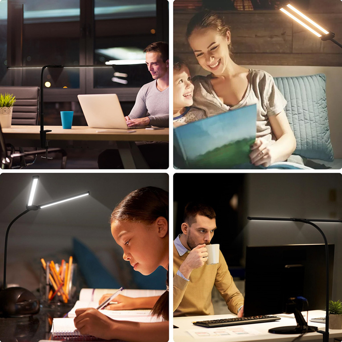 Diverse immagini di persone che utilizzano una lampada da scrivania in vari contesti, tra cui la lettura e il lavoro.