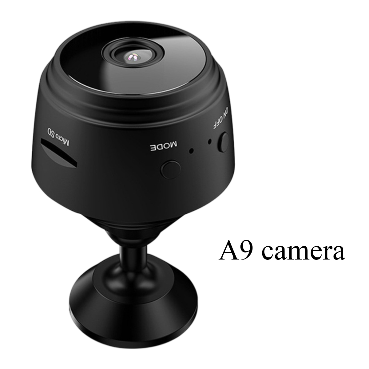 Eine kleine, schwarze, kuppelförmige Kamera auf einem Ständer. Der Text 'A9 Kamera' ist sichtbar.