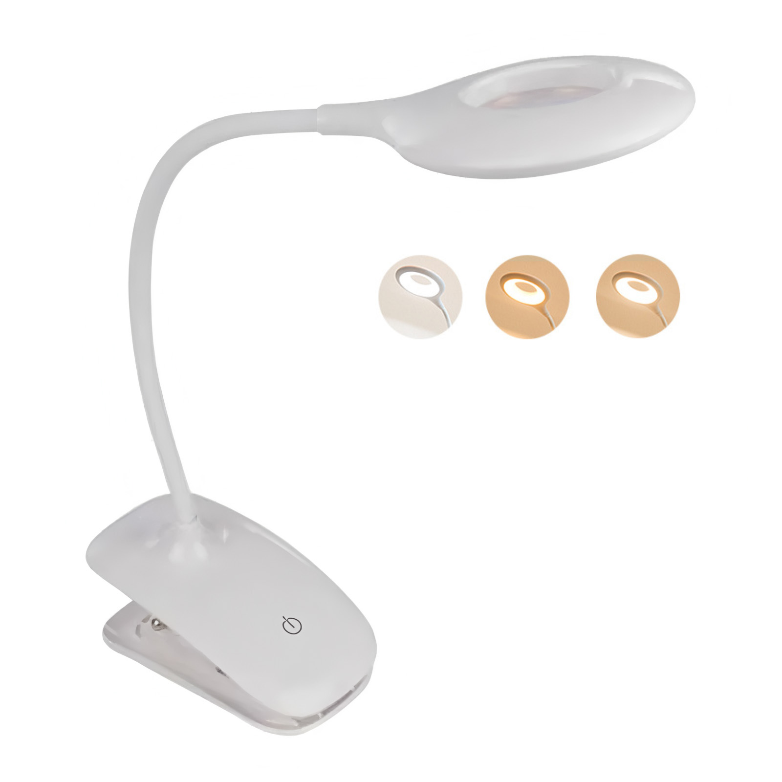 Eine weiße Schreibtischlampe mit flexiblem Hals und Clip-Basis. Drei Lichtfarboptionen werden angezeigt.