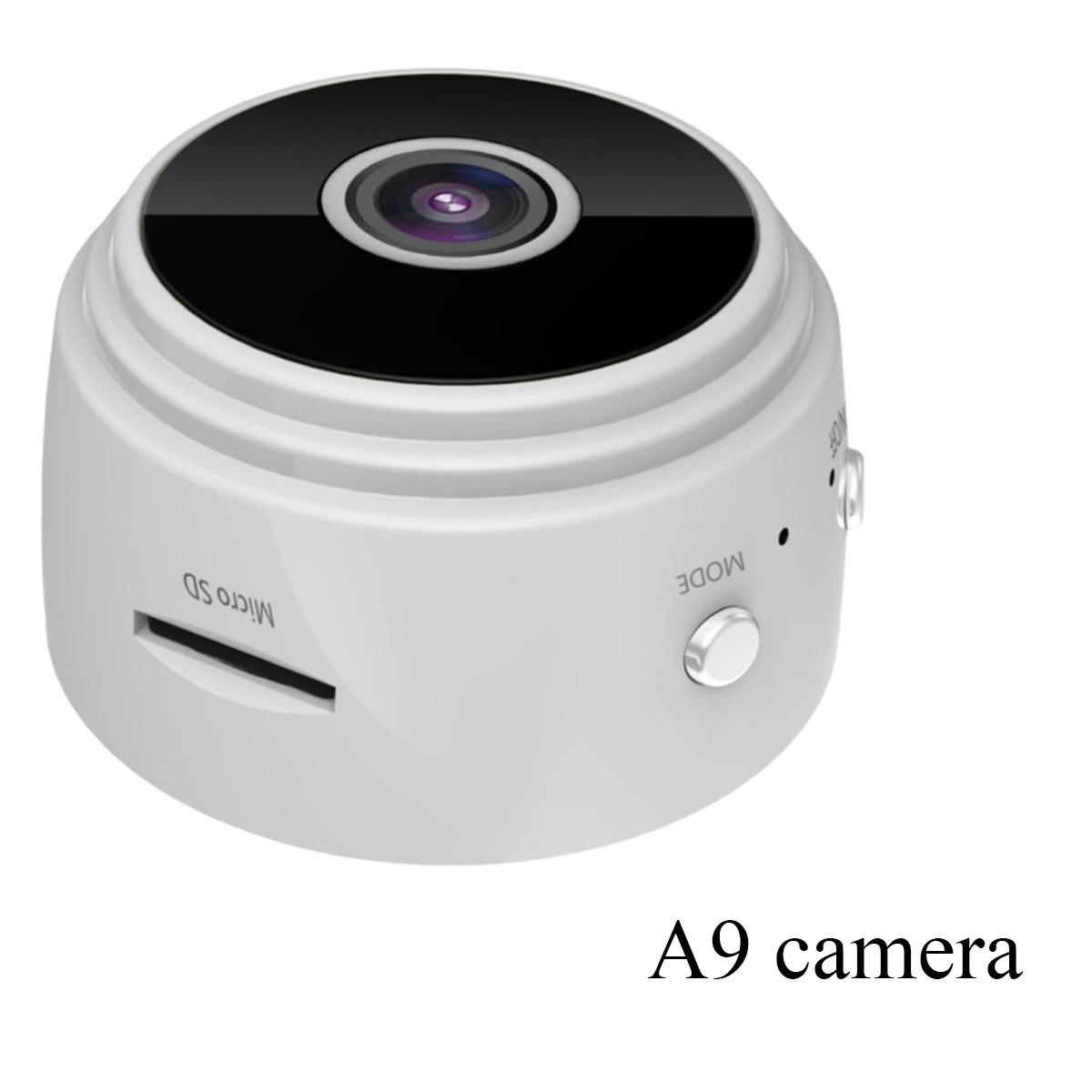 Kleine weiße Kamera mit schwarzem Objektiv. Hat Micro-SD-Steckplatz und Modus-Taste. A9-Kamera.