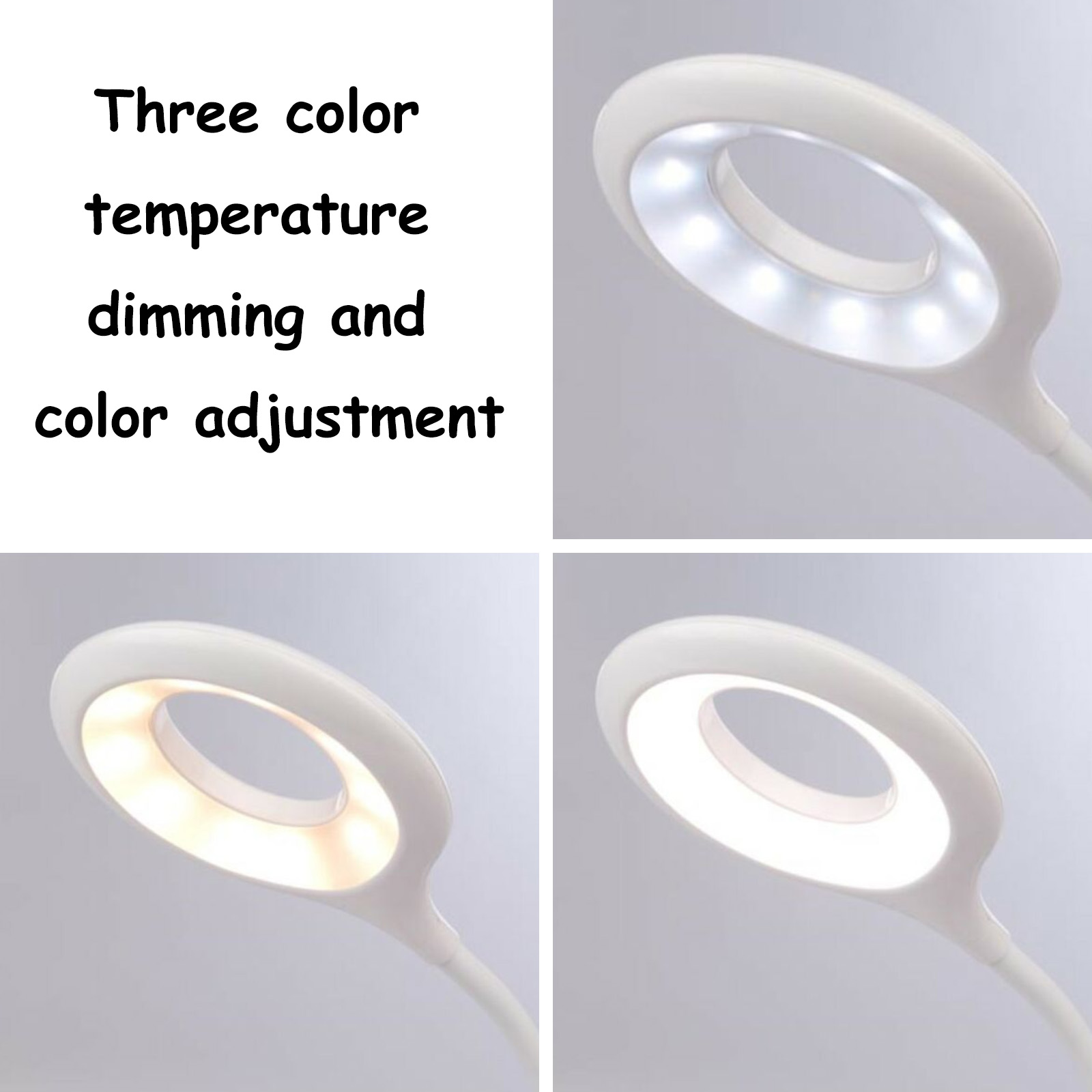Weiße Schreibtischlampe mit ringförmigem Licht, das verschiedene Farbtemperaturen ausstrahlt: Weiß, Gelb und Warmweiß.