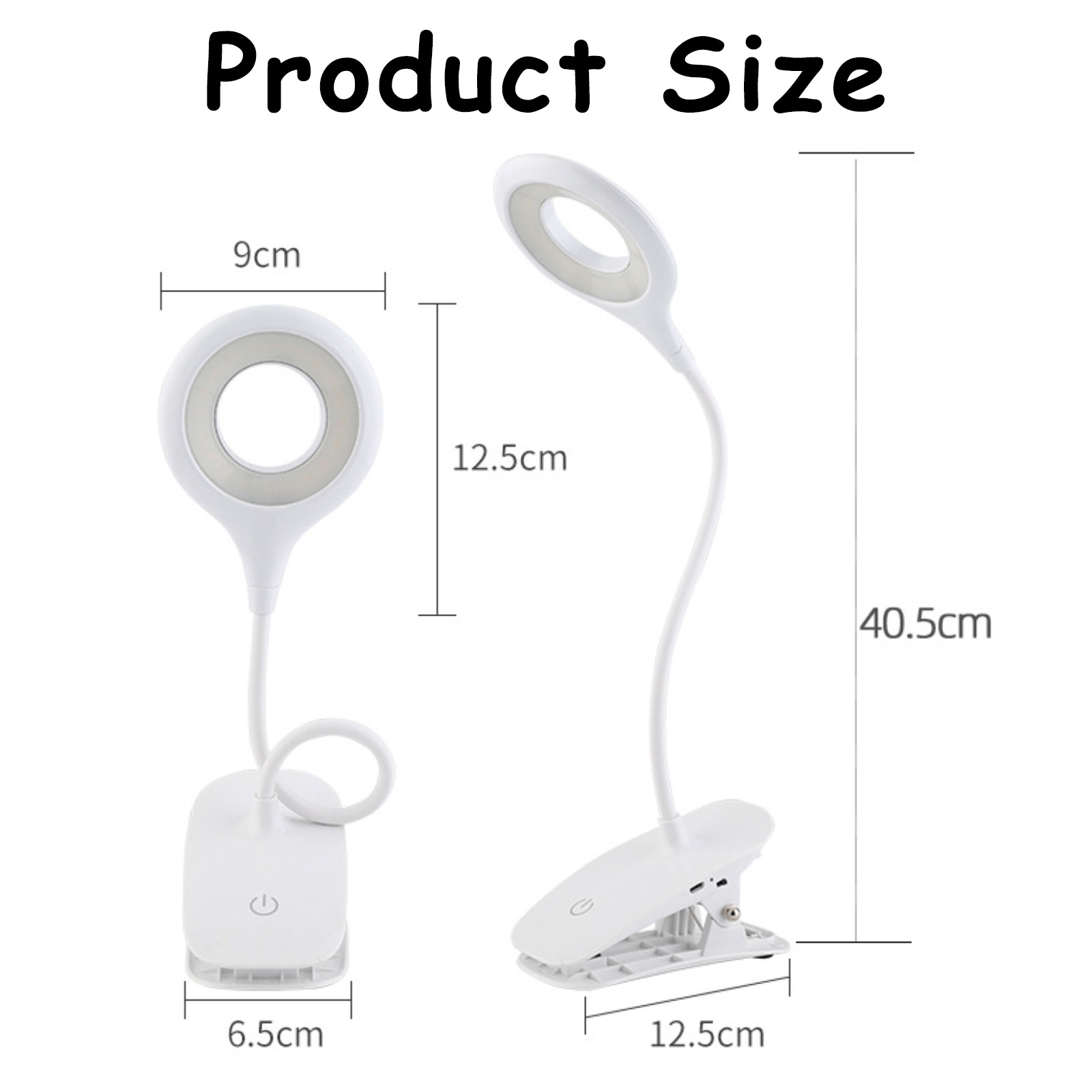 Zwei Schreibtischlampen mit Maßen: 9cm, 6,5cm, 12,5cm und 40,5cm. Weißer Hintergrund.