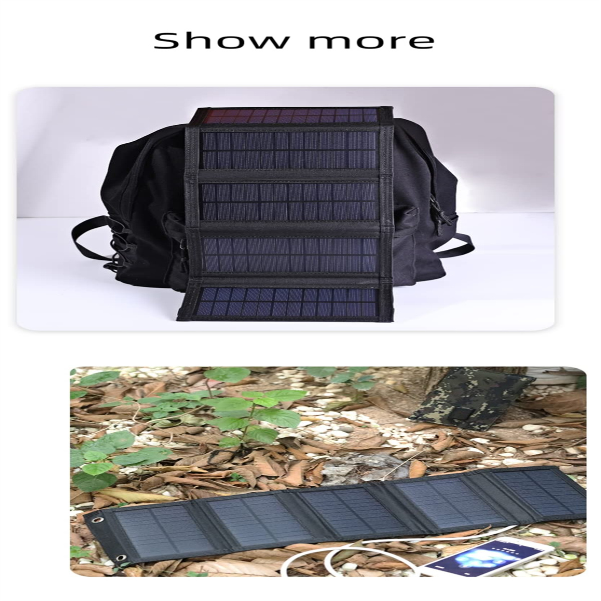 Ein Solarpanel ist an einem schwarzen Rucksack befestigt. Das Panel ist gefaltet.