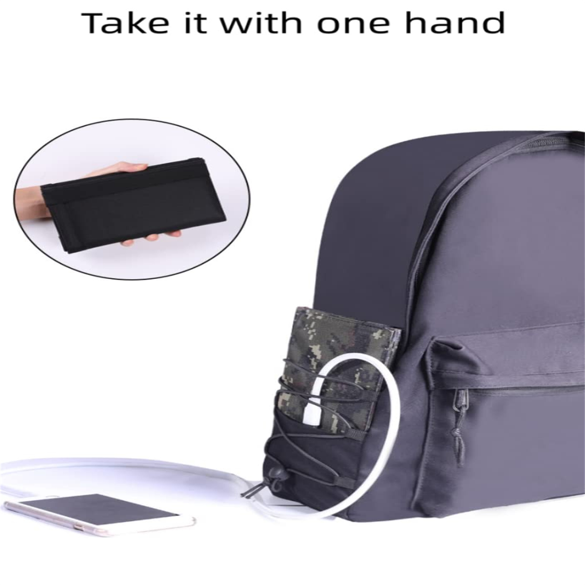 Ein Rucksack mit Ladekabel und Telefon. Eine Hand hält ein Solarpanel.