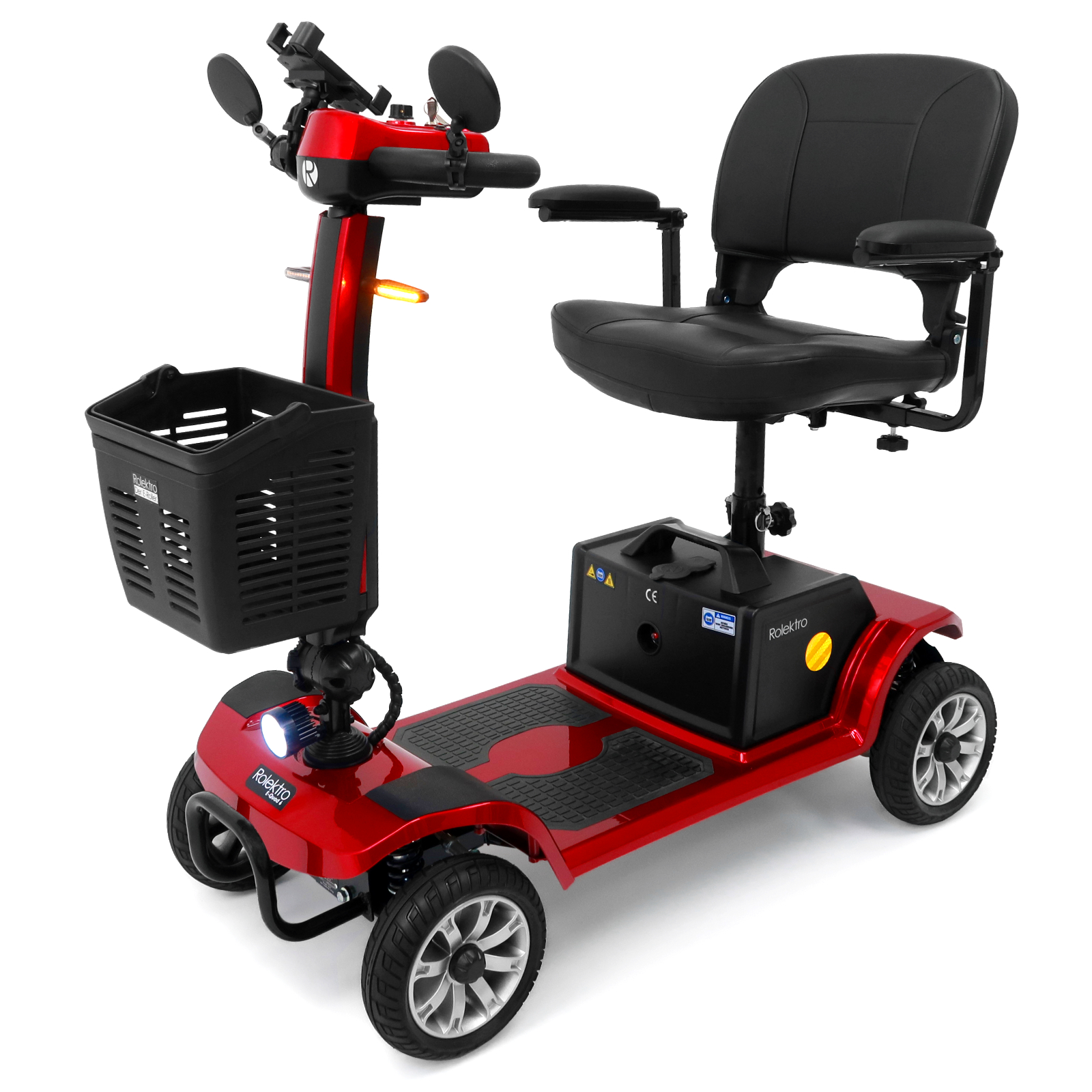 Ein roter Mobilitätsroller mit schwarzem Sitz und Korb.