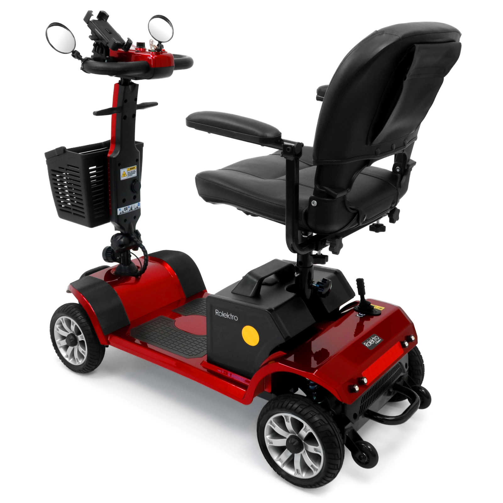 Ein roter Mobilitätsroller von oben mit schwarzem Sitz.