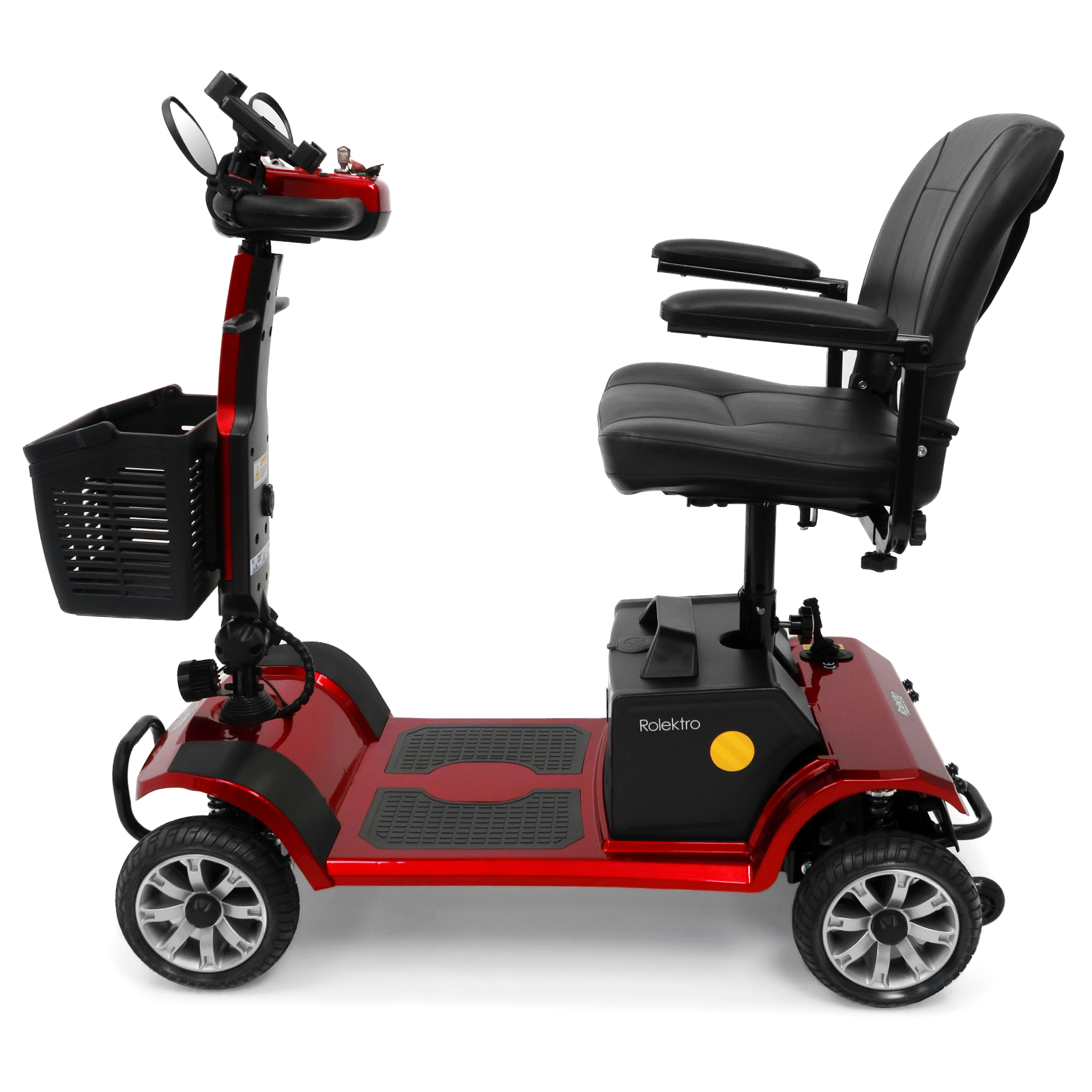 Seitenansicht eines roten Mobilitätsrollers mit schwarzem Sitz und Korb.