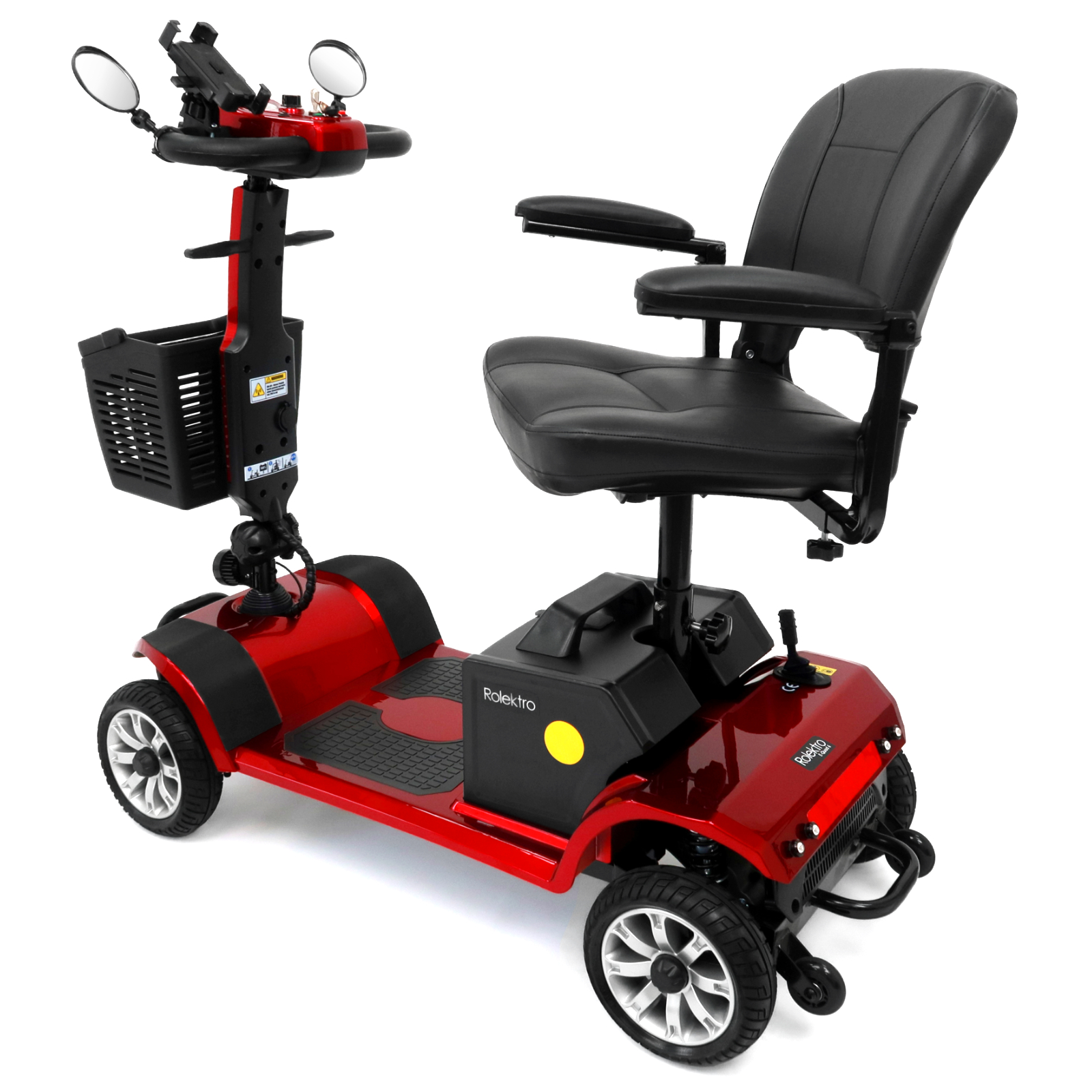 Ein roter Mobilitätsroller mit schwarzem Sitz und gelbem Logo.