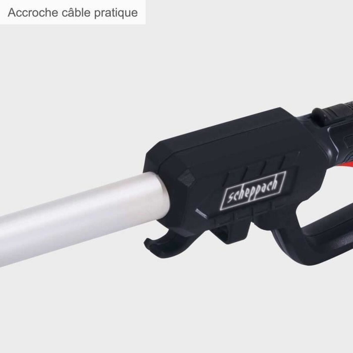 Een zwarte en zilveren tool met de merknaam 'scheppach' op een witte achtergrond.