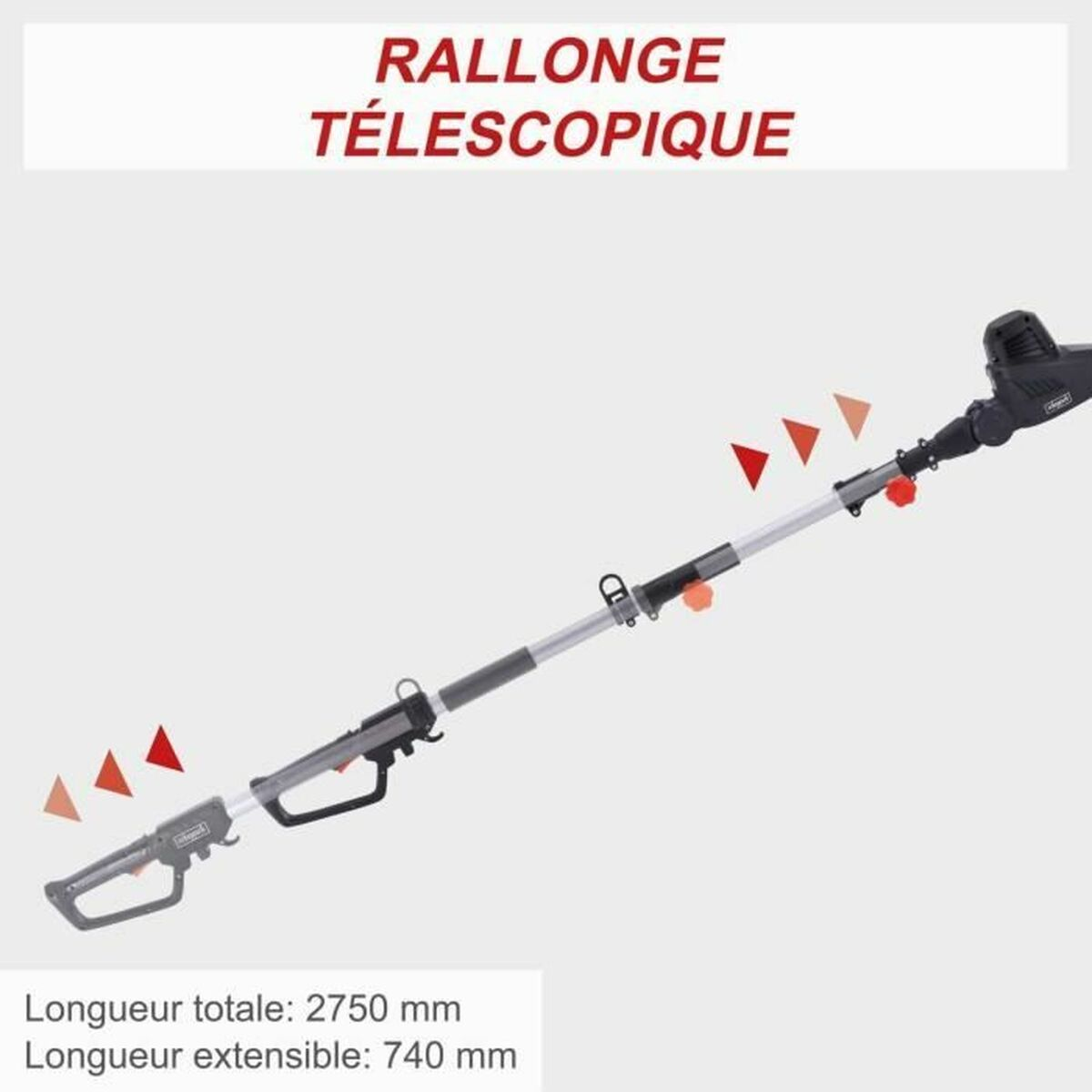 Een uitschuifbare paaltool met rode accenten, met lengtedetails, op een lichte achtergrond.