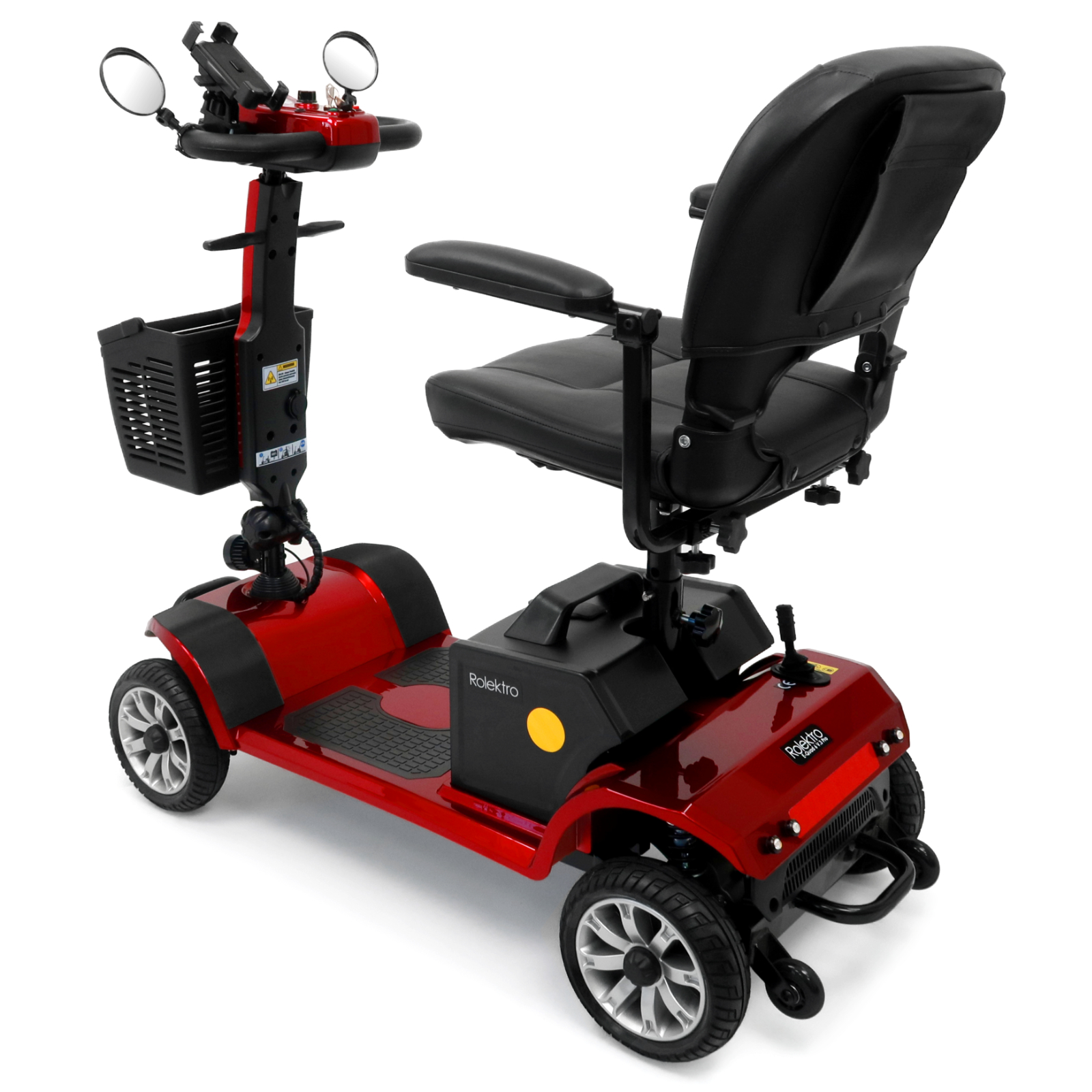 Roter Mobilitätsroller mit Korb, Sitz und Spiegeln. Schwarze Komponenten.