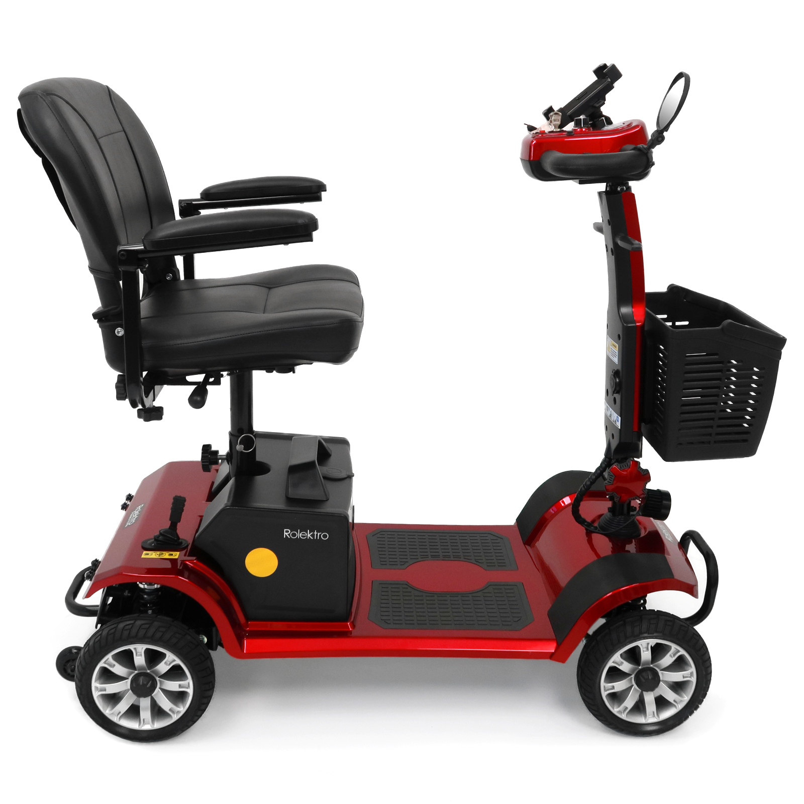 Roter Mobilitätsroller, Seitenansicht, mit Sitz und schwarzen Komponenten.
