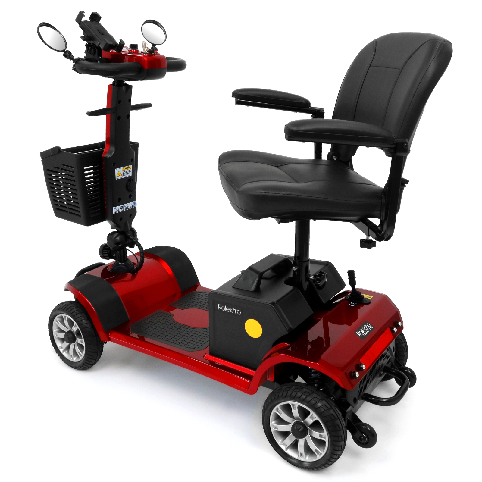 Roter Mobilitätsroller, zeigt Sitz, Korb und Spiegel. Schwarze Komponenten.