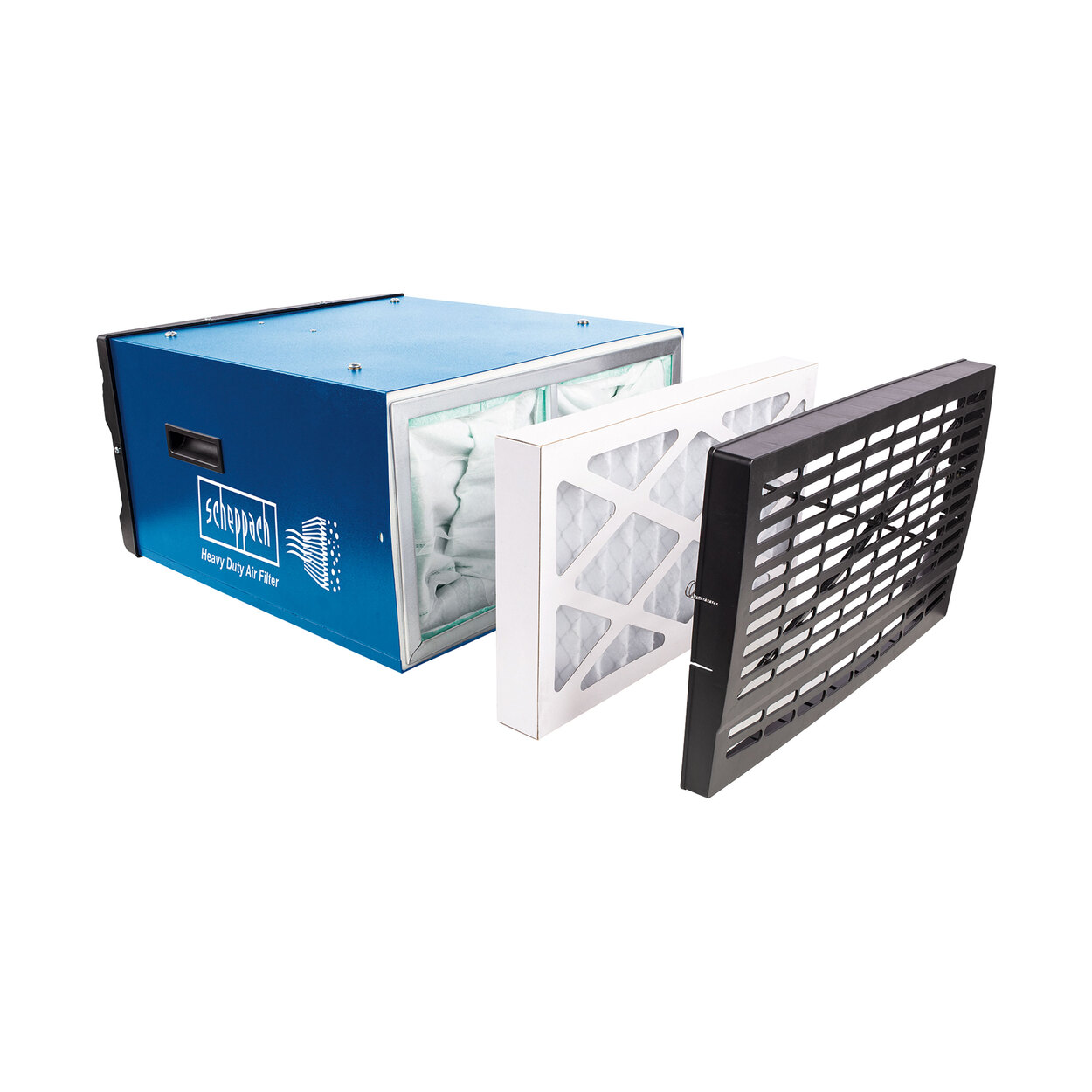 Blue air filter unit with white and black filters separated. The filters are ready to be assembled.