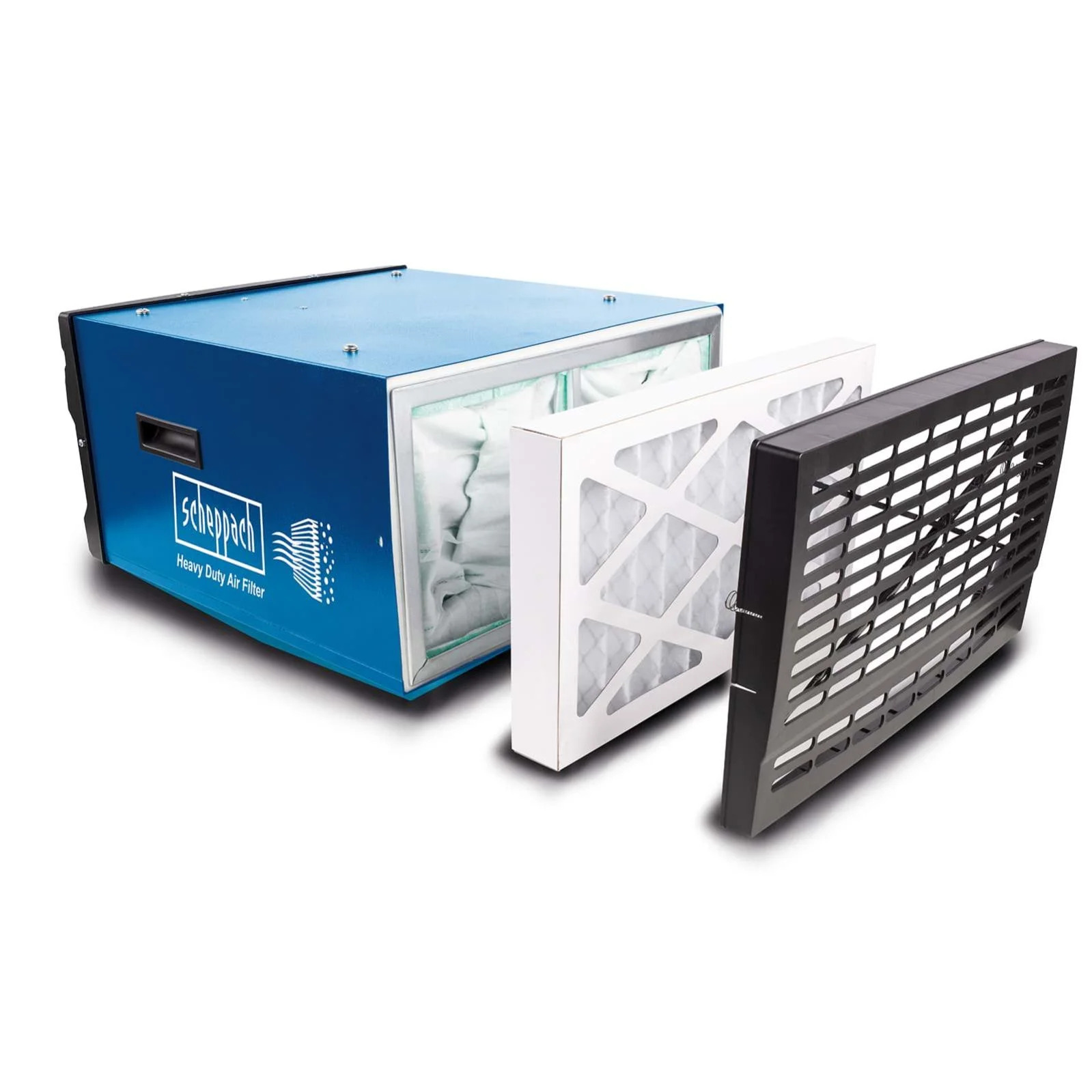 Blue air filter machine with separated filters. The machine has the Scheppach logo and control panel.