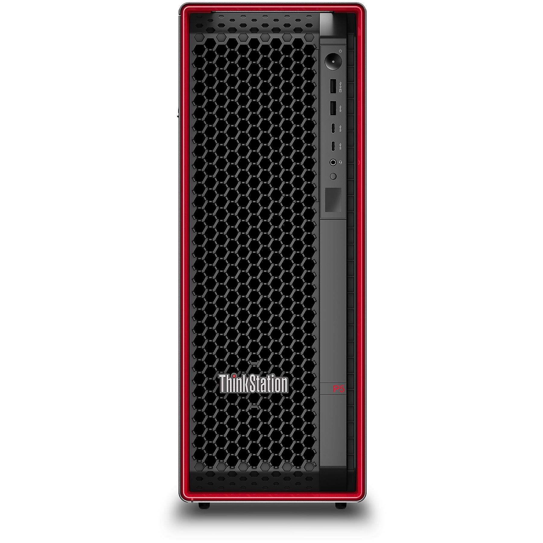 Una torre di computer ThinkStation P5 nera con un bordo rosso è in posizione verticale.