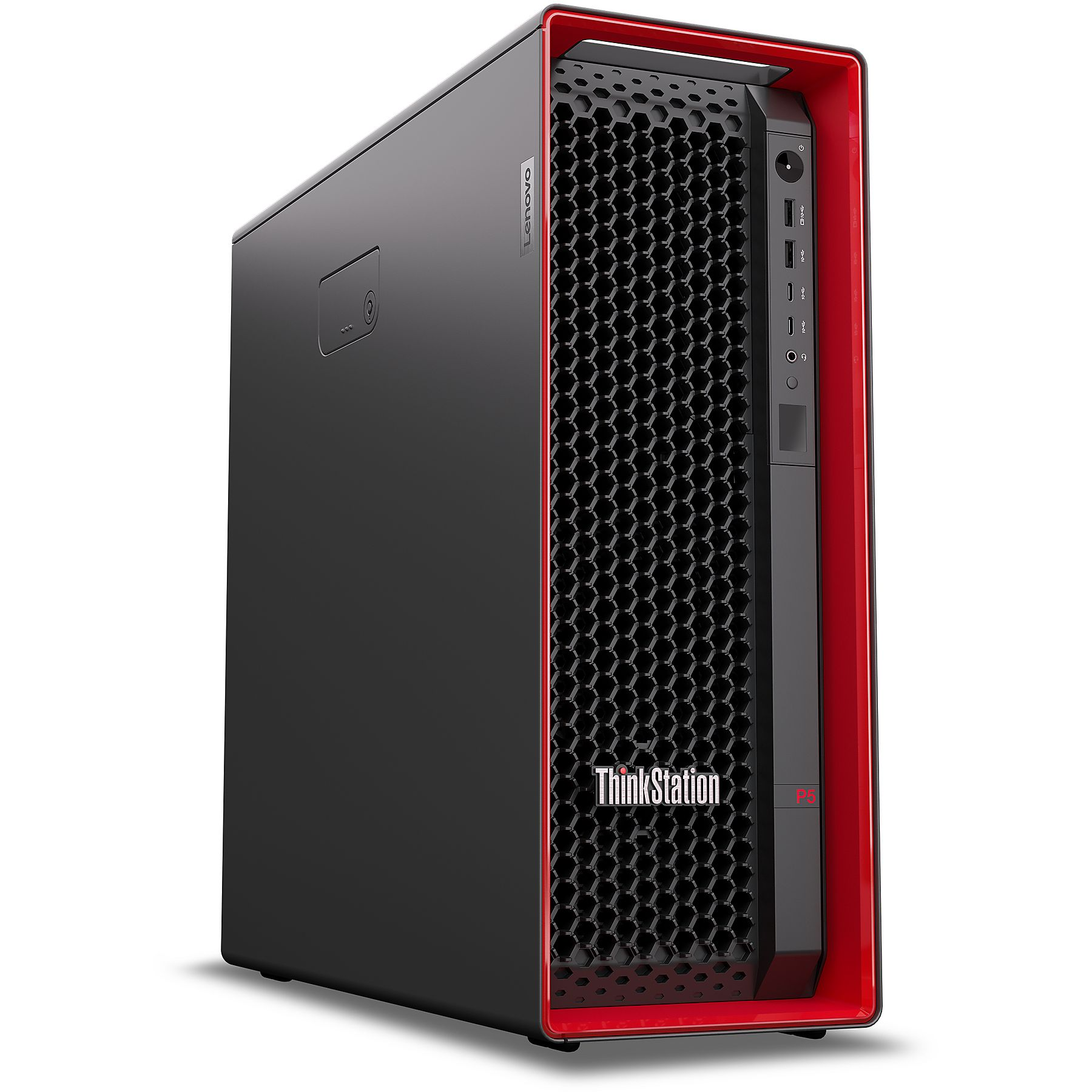 Una torre di computer ThinkStation P5 nera con un bordo rosso, vista angolata.