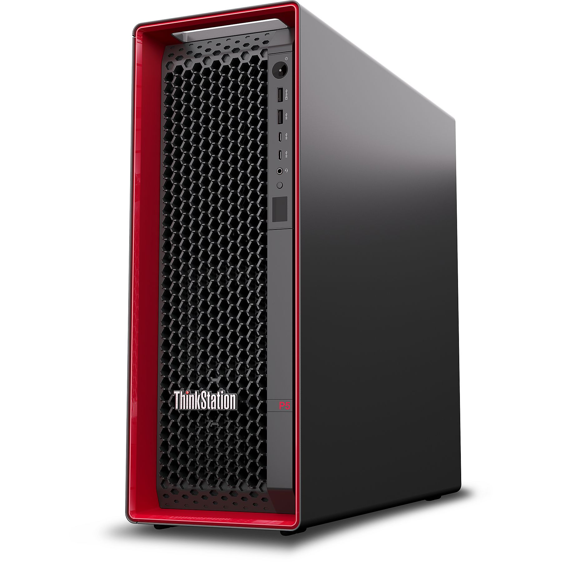 Una torre PC ThinkStation nera e rossa con un pannello frontale perforato.