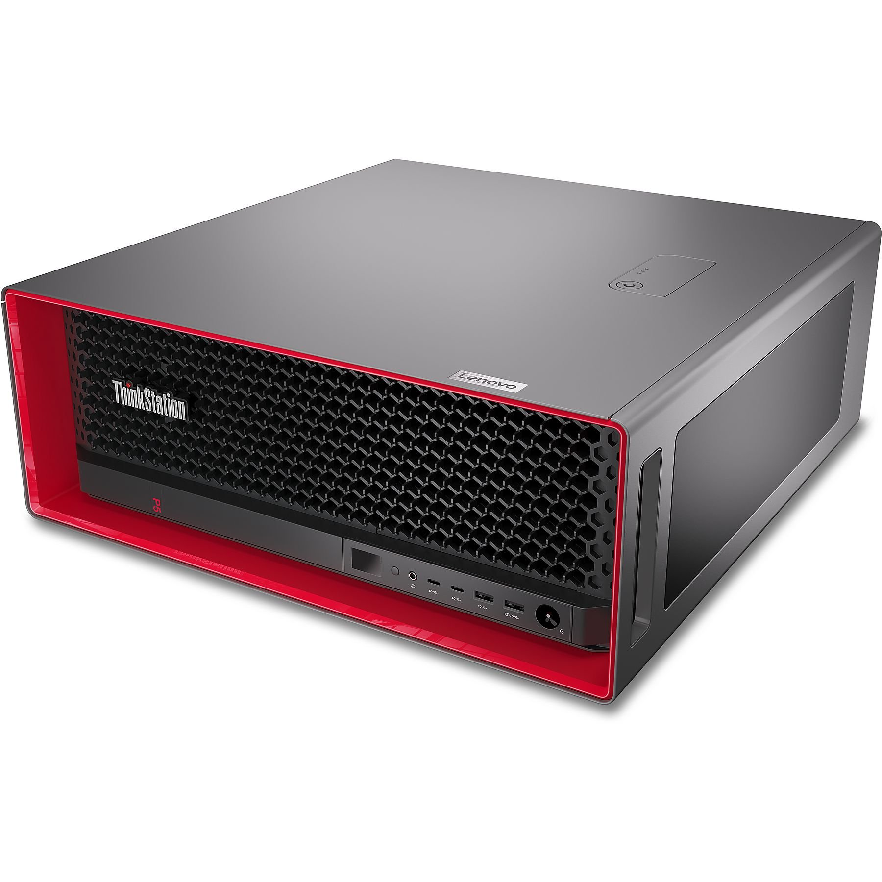 Un computer ThinkStation P3 grigio, con finiture rosse, posizionato orizzontalmente.