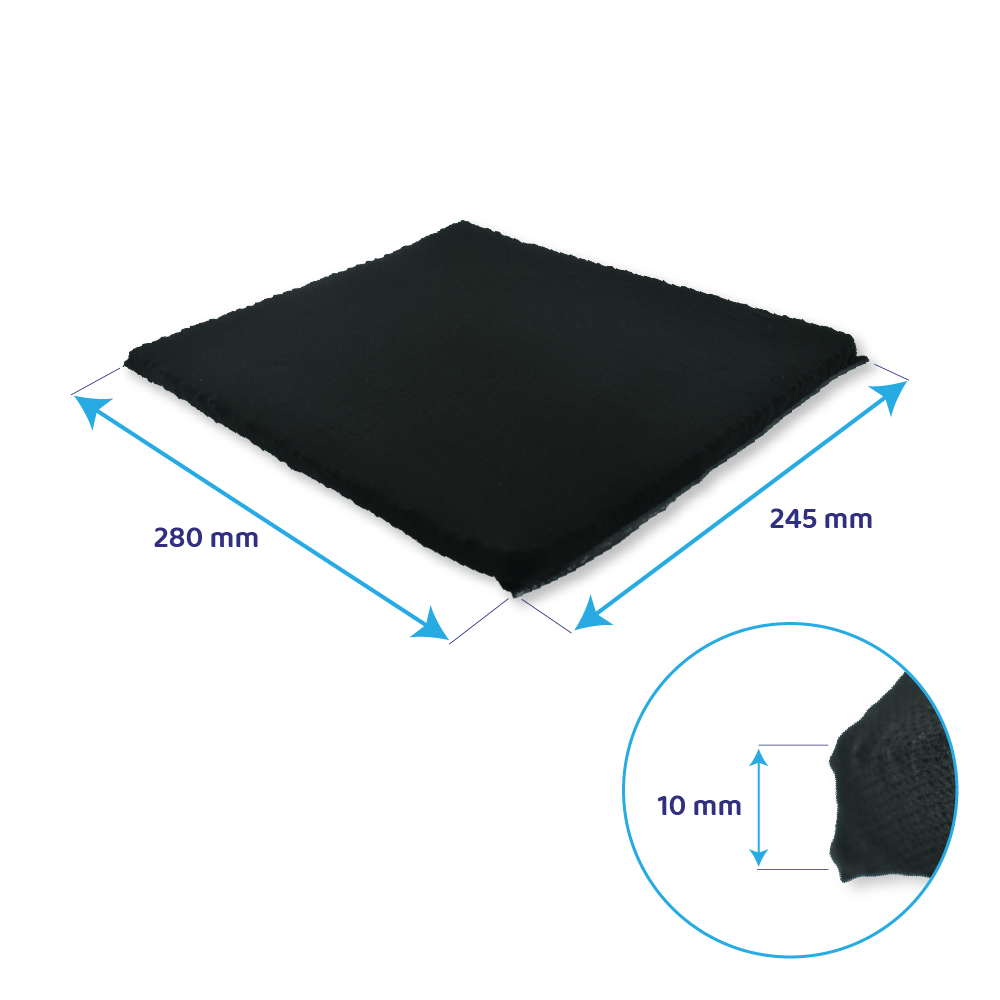 Viene mostrato un cuscinetto quadrato nero. Le dimensioni sono 280 mm x 245 mm x 10 mm. Sono presenti frecce e un cerchio di dettaglio.