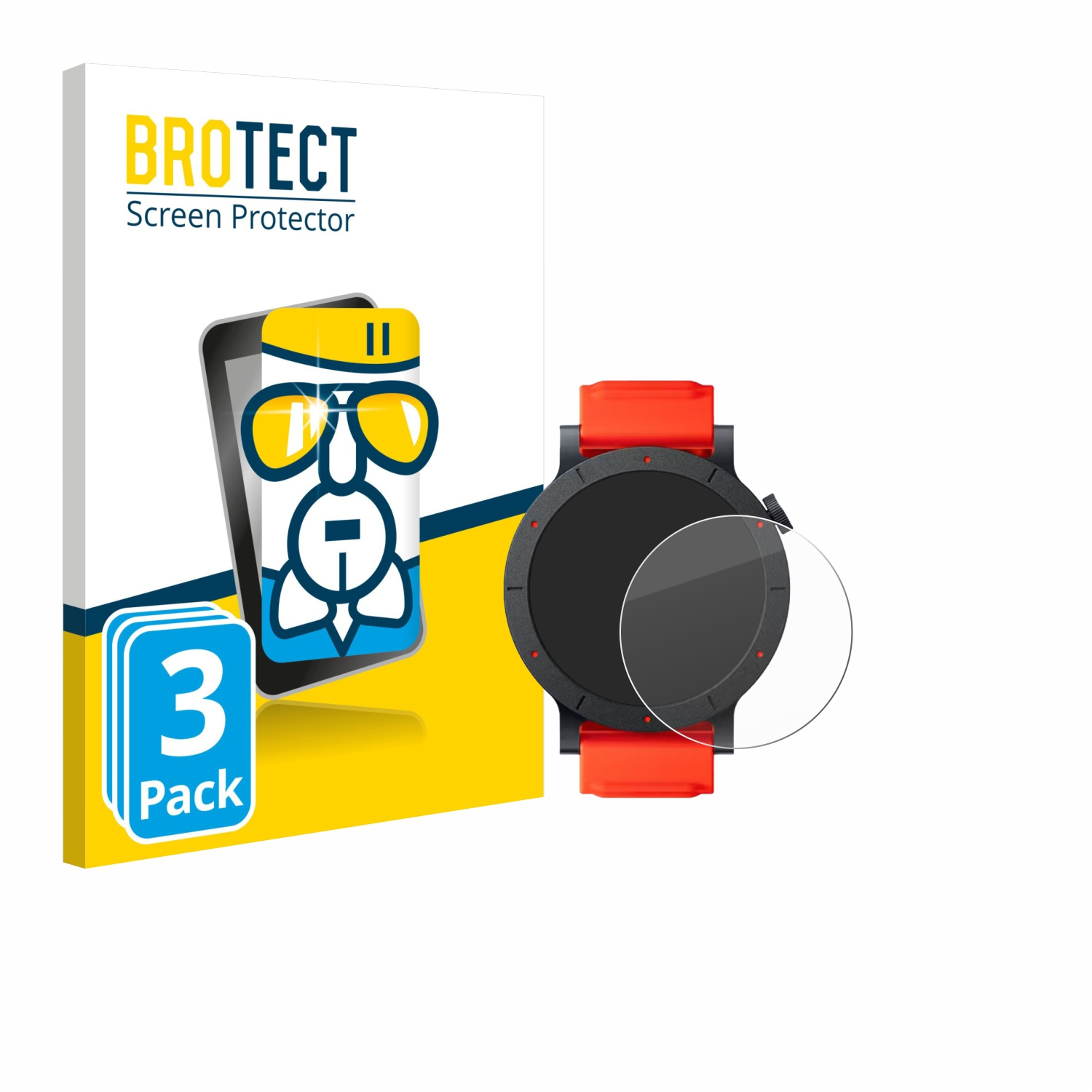 Displayschutzfolienverpackung und eine Smartwatch mit installiertem Displayschutz, auf weißem Hintergrund.