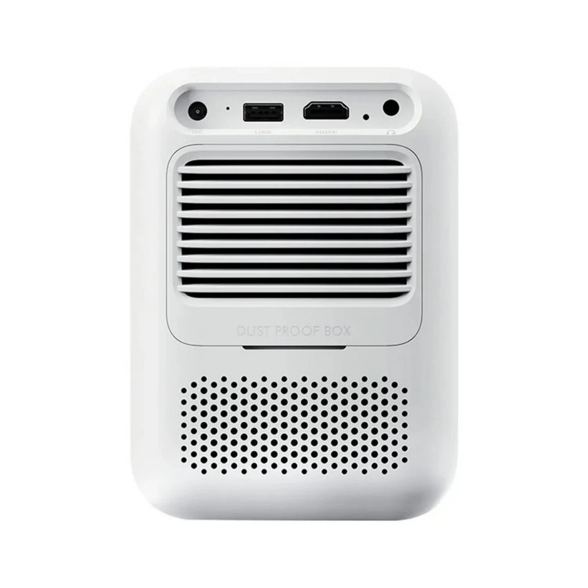 Il retro di un proiettore bianco con porte, una ventola e una griglia di piccoli fori.