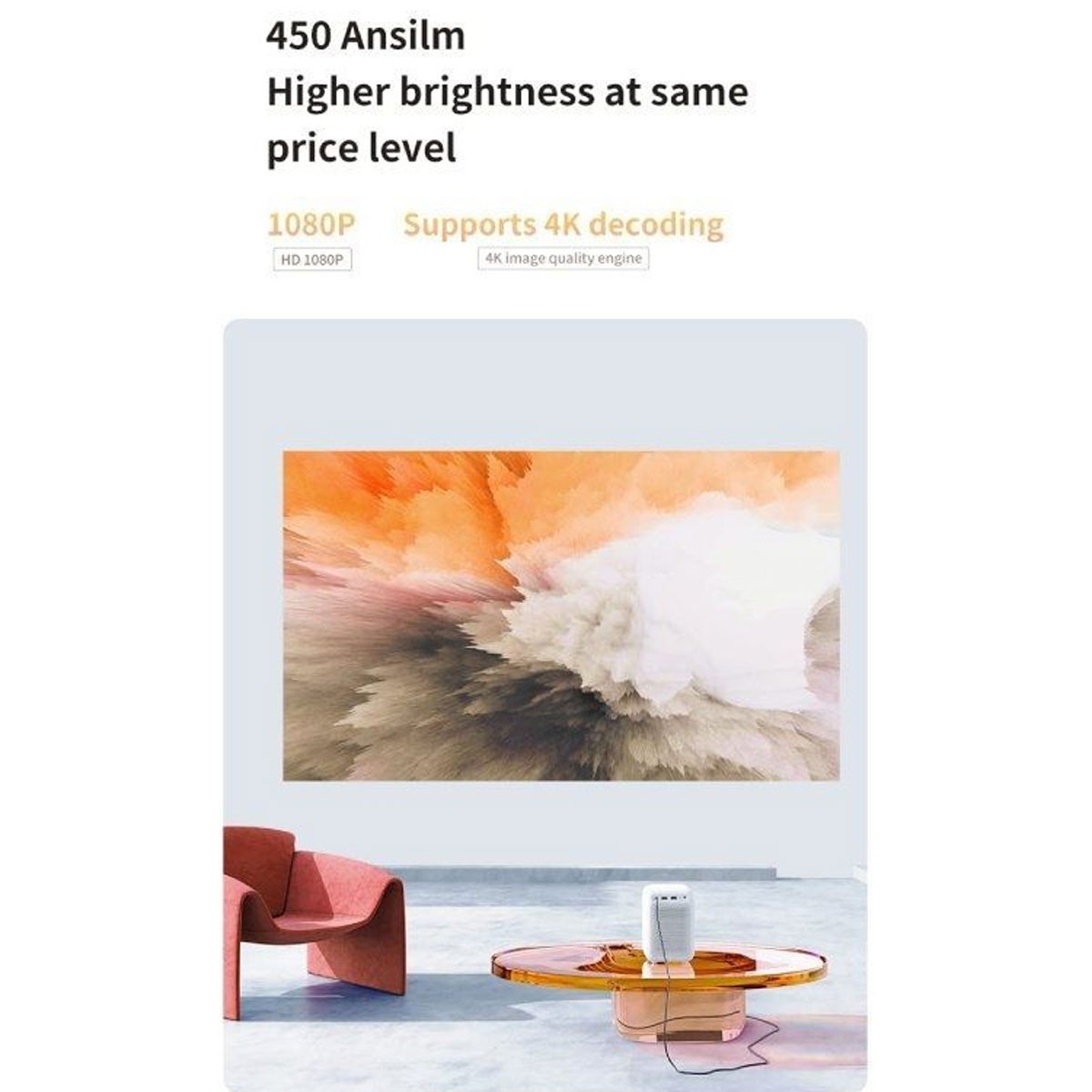 Superposición de texto con imagen de arte abstracto y un pequeño proyector en mesa de cristal.